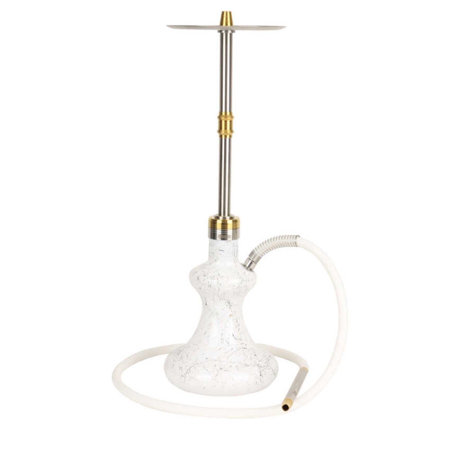 A white Oduman Hybrid V2 hookah shisha nargile with a glass base, stainless steel stem, and a gold-colored hookah tube.