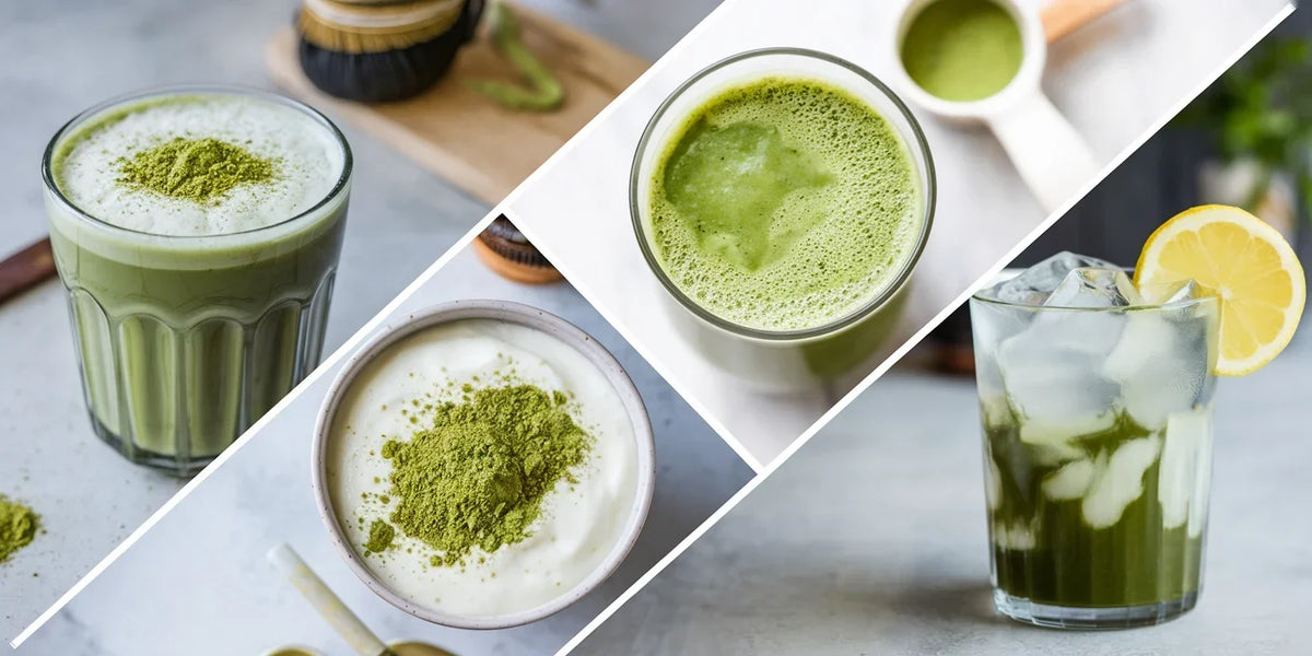 Strawberry flavored Japanese matcha green tea powder sachets and a prepared matcha latte
