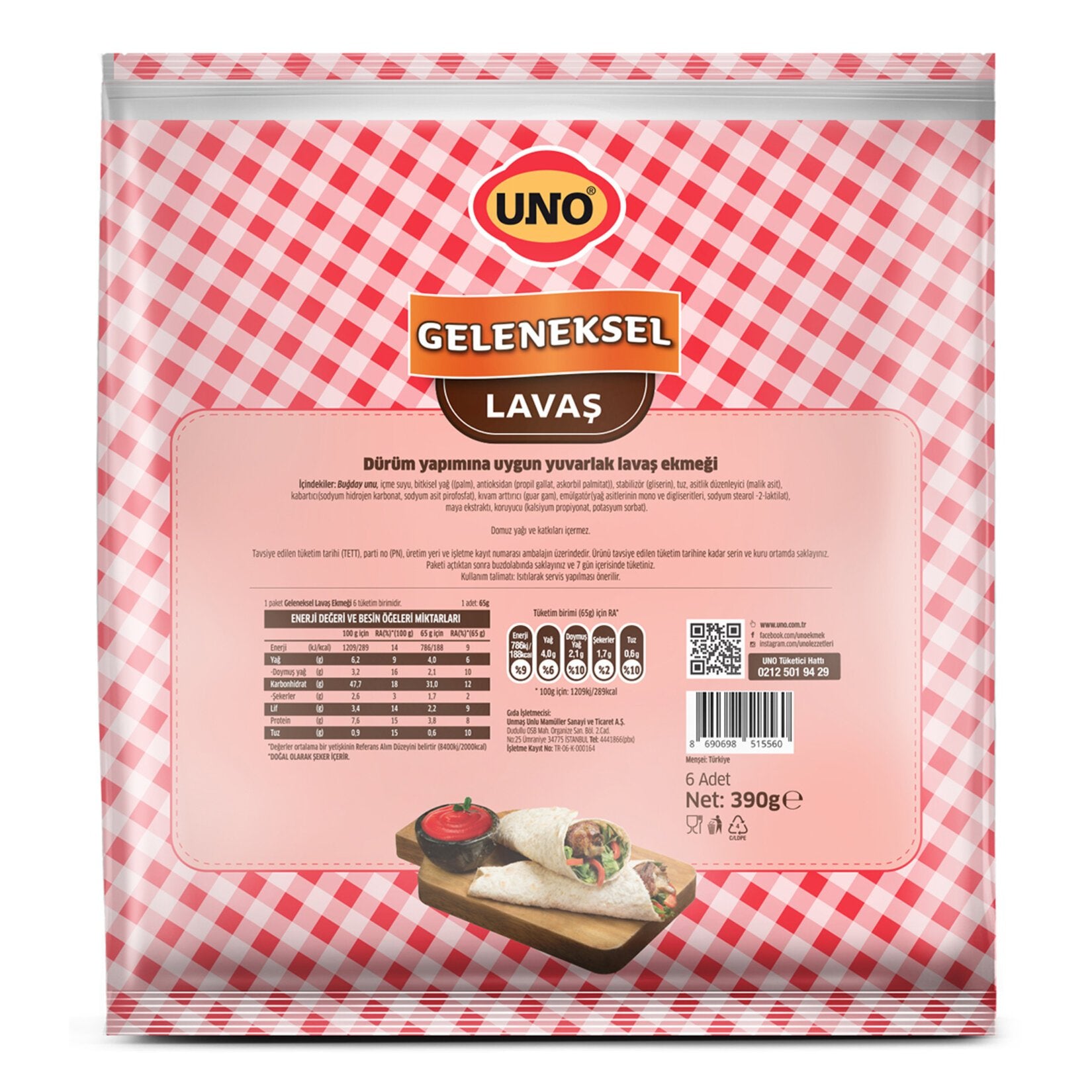 Uno Traditional Lavash Bread (Lavaş Ekmeği) 25cm 6pcs 390G