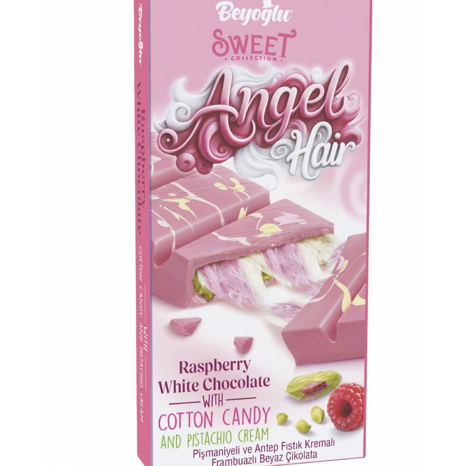 Angel Hair Raspberry Chocolate Filled with Pistachio and Cotton Candy (Ahududulu Çikolata, Fıstıklı ve Pamuk Şekerli) 2.8 oz (80 G)