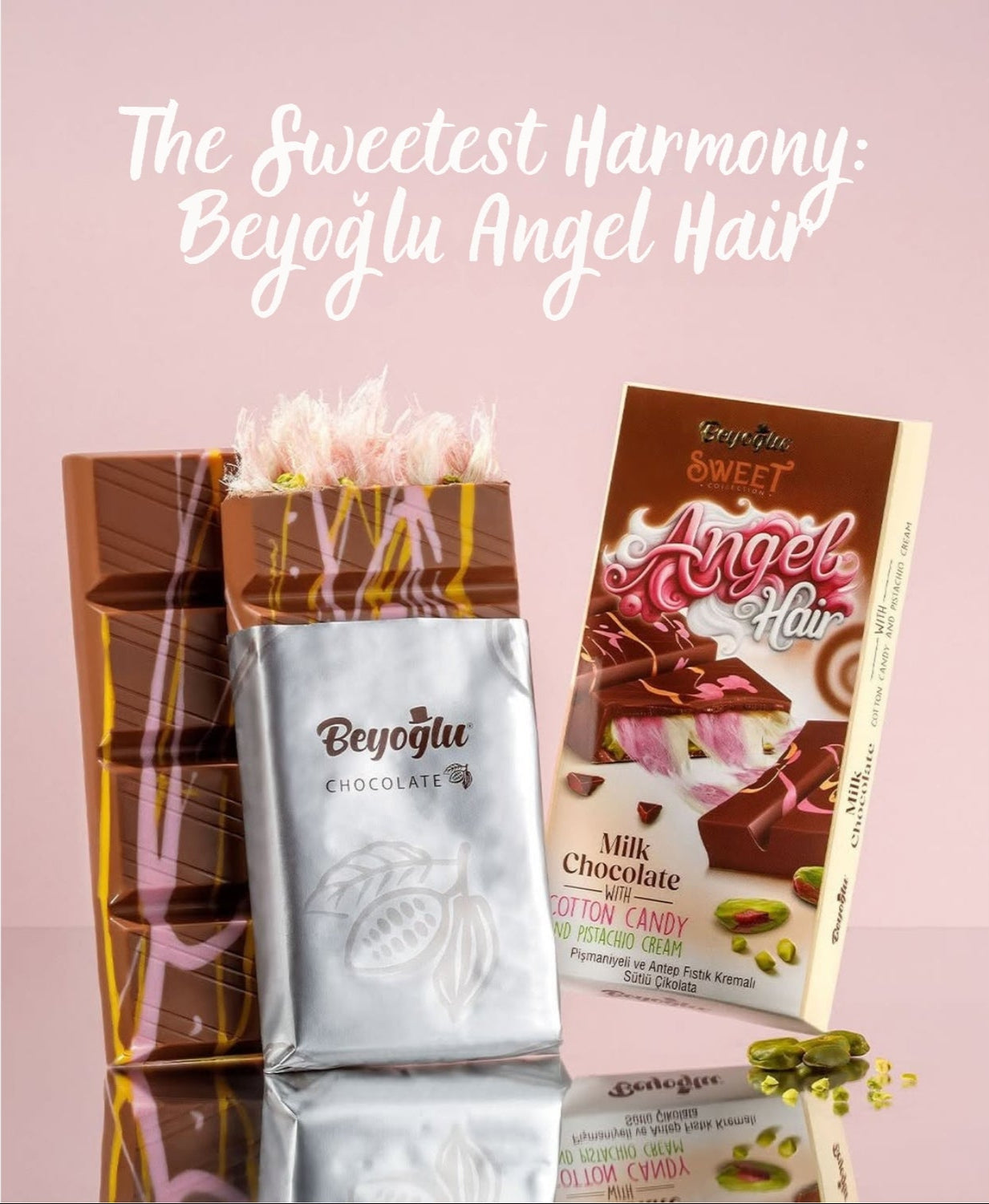 Beyoglu Chocolate's Beyoglu Angel Hair, showing Beyoglu Angel Hair milk chocolate and its packaging, with a motto saying The Sweetest Harmony