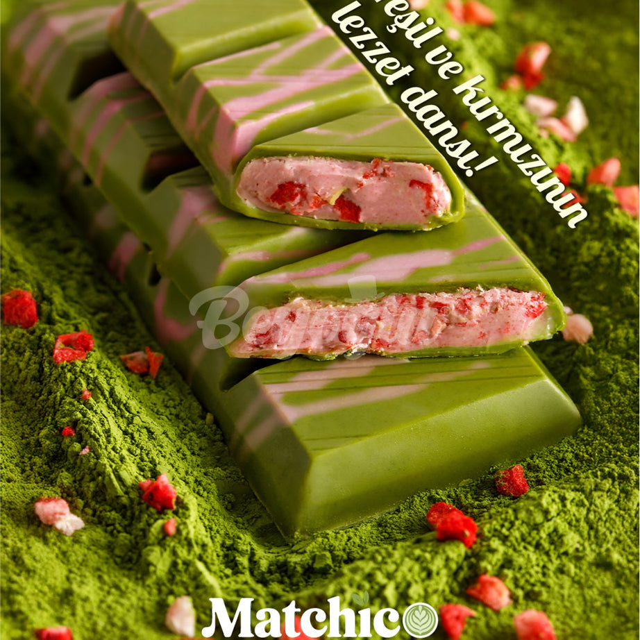 Matcha green tea-infused white chocolate with fruit filling, perfect for matcha lovers