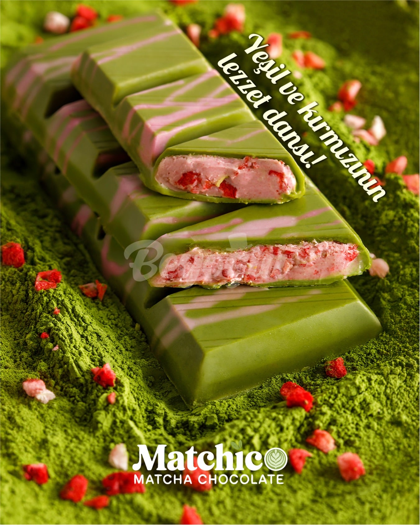 Matcha green tea-infused white chocolate with fruit filling, perfect for matcha lovers