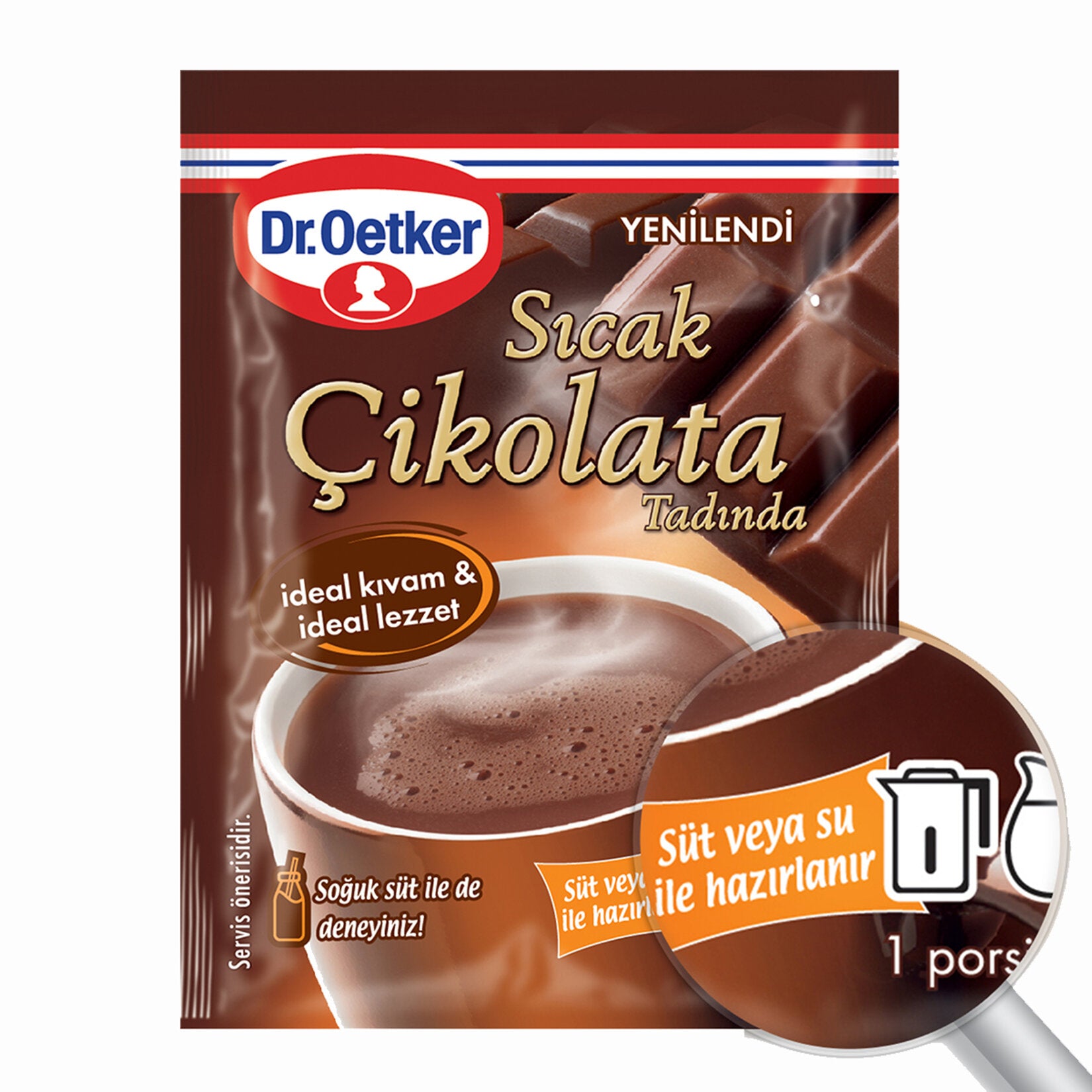 Dr. Oetker Sıcak Çikolata&nbsp;is both practical and delicious with its disposable package. Dr. Oetker Hot Chocolate, which can be prepared easily by adding approximately 2 tea glasses (180 ml) of hot water for each sachet, has a real chocolate flavor.