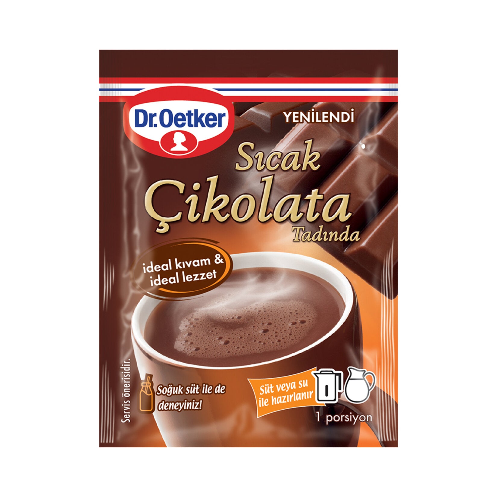 Dr. Oetker Sıcak Çikolata&nbsp;is both practical and delicious with its disposable package. Dr. Oetker Hot Chocolate, which can be prepared easily by adding approximately 2 tea glasses (180 ml) of hot water for each sachet, has a real chocolate flavor.