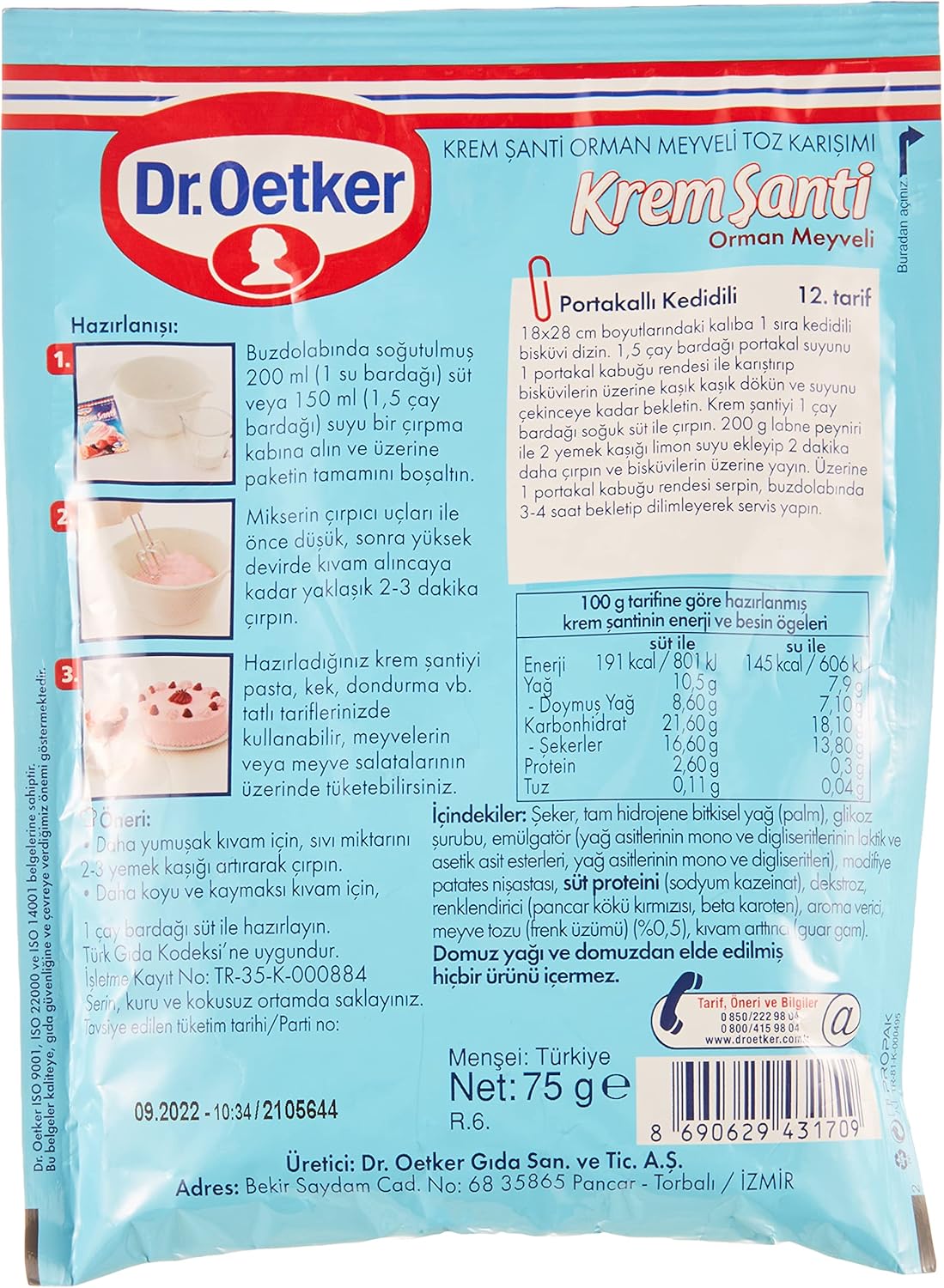 Dr. Oetker Forest Fruit Whipped Cream Mix 2.5 oz (Orman Meyveli Krem Şanti 72 G)