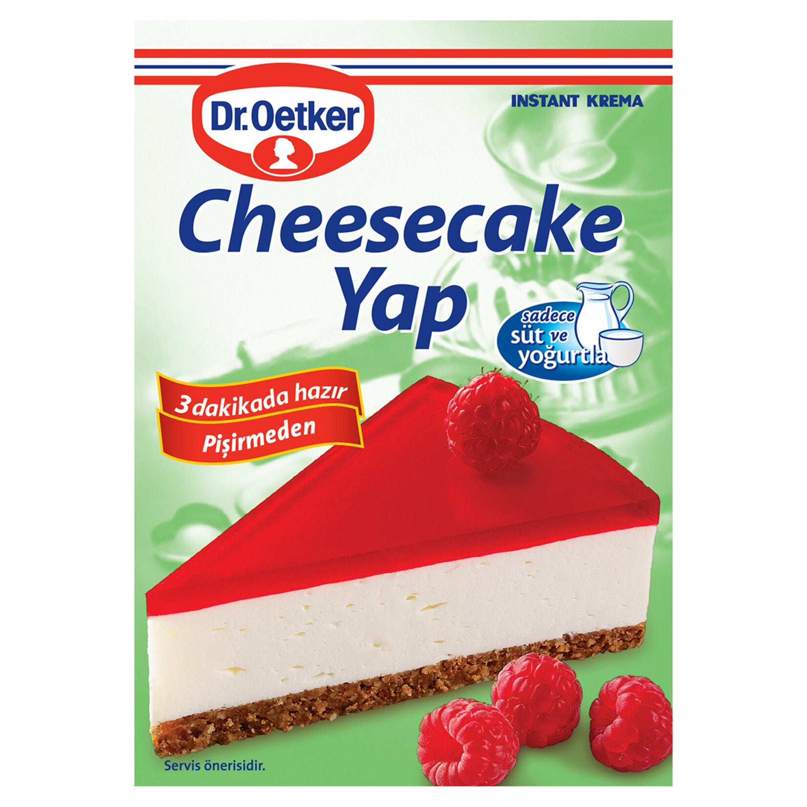 Dr. Oetker cheesecake mix packaging with a slice of cheesecake and raspberries on a green background