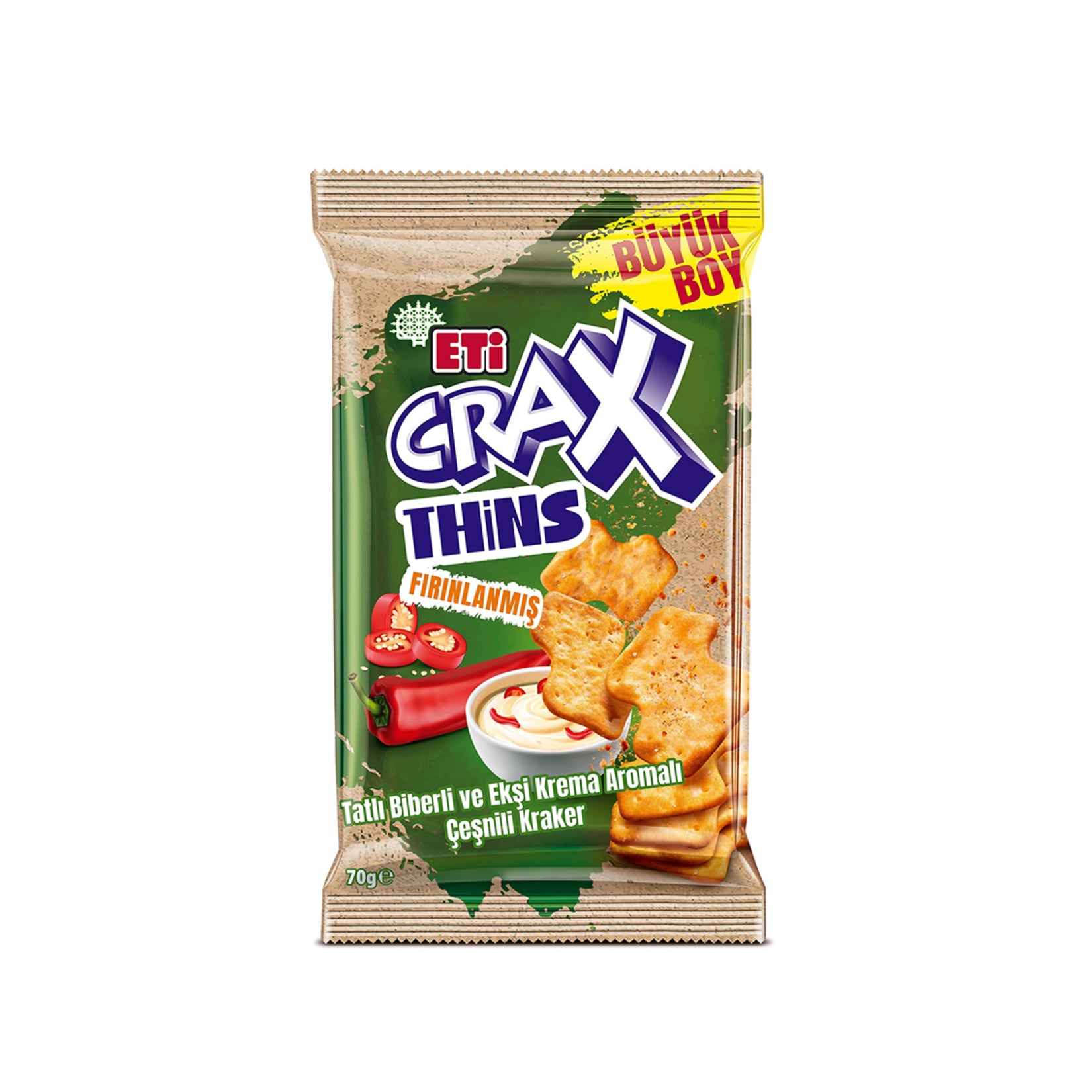 Discover the bold flavor of Eti Crax Thins Sweet Pepper Sour Cream Crackers, a crispy Turkish snack 