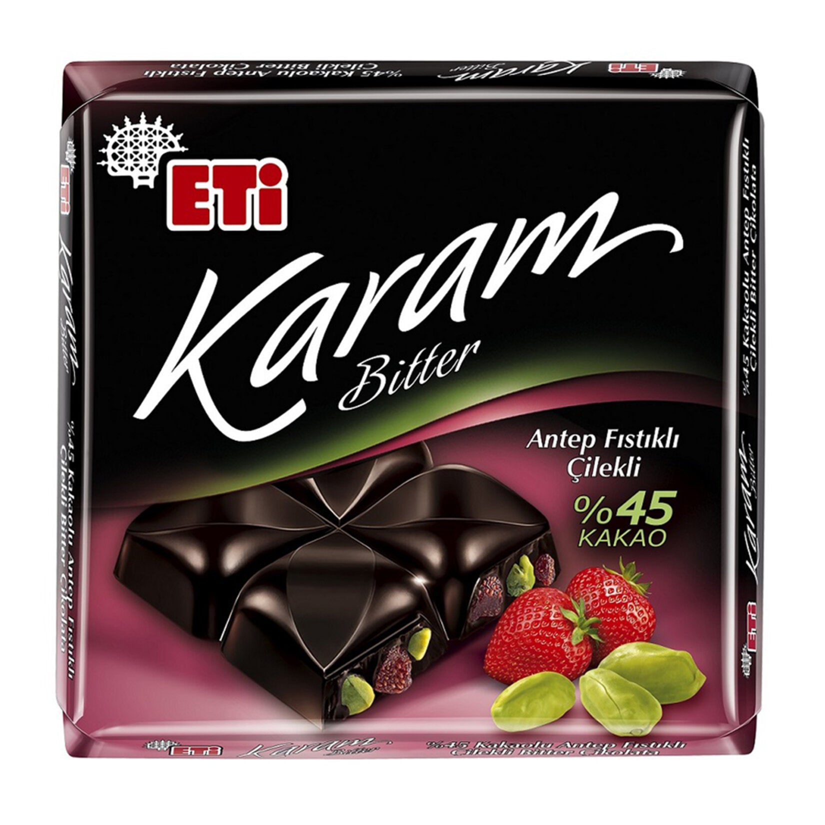 Discover the bold and rich flavor of the Eti Karam 45% Cacao Pistachio Strawberry Dark Chocolate Bar