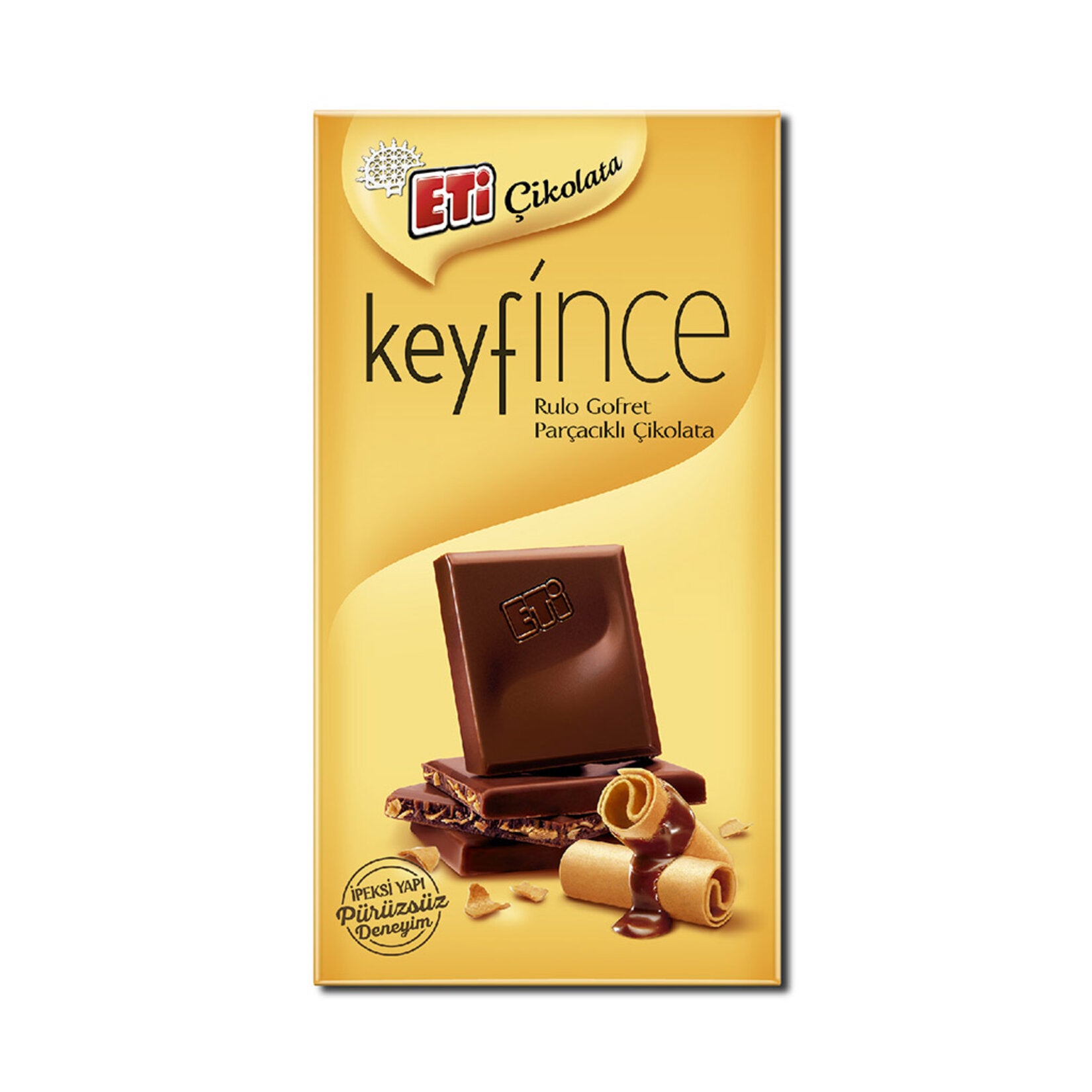 Eti Keyfince Rolled Wafer Pieces Milk Chocolate Bar brings together rich, creamy milk chocolate and 
