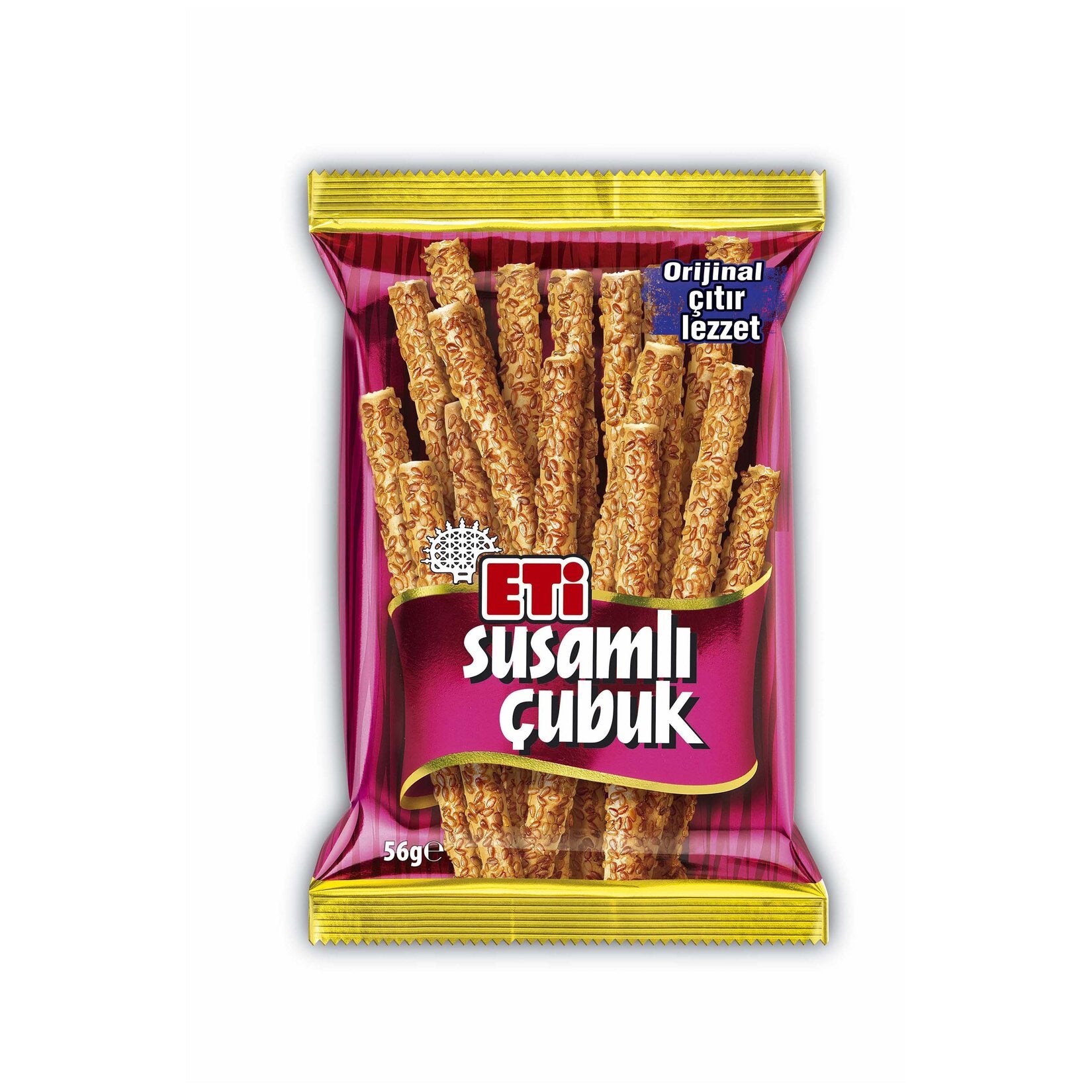Eti Sesame Stick Cracker is a crunchy and savory Turkish snack made with 15% sesame seeds for a rich