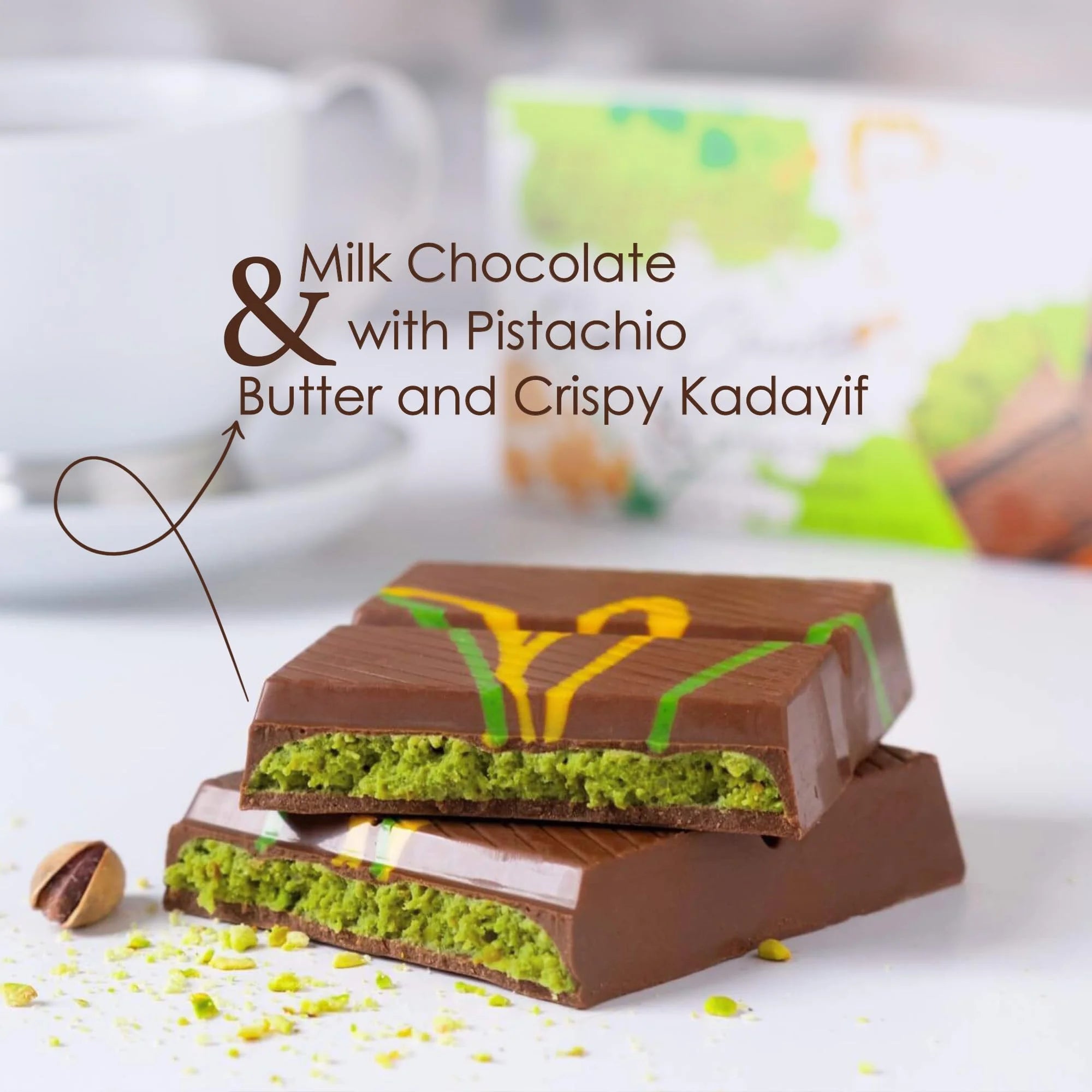 Fiorella Dubai Chocolate 7 oz / 200 Gr – Milk Chocolate with Buttered Crispy Kadayif and Pistachio Filling