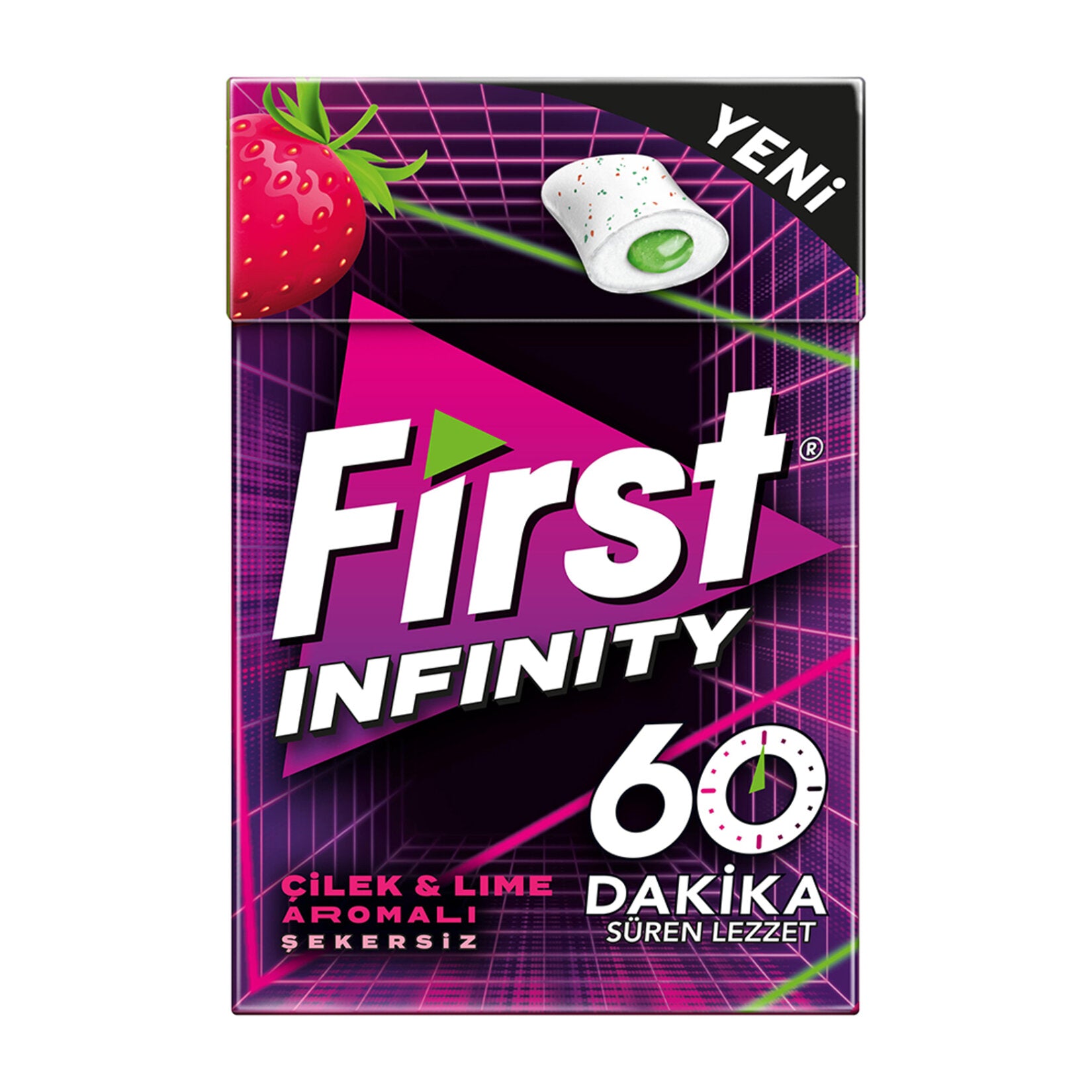 Experience a bold flavor twist with First Infinity Strawberry Lime Dragee Gum. Bursting with fruity 