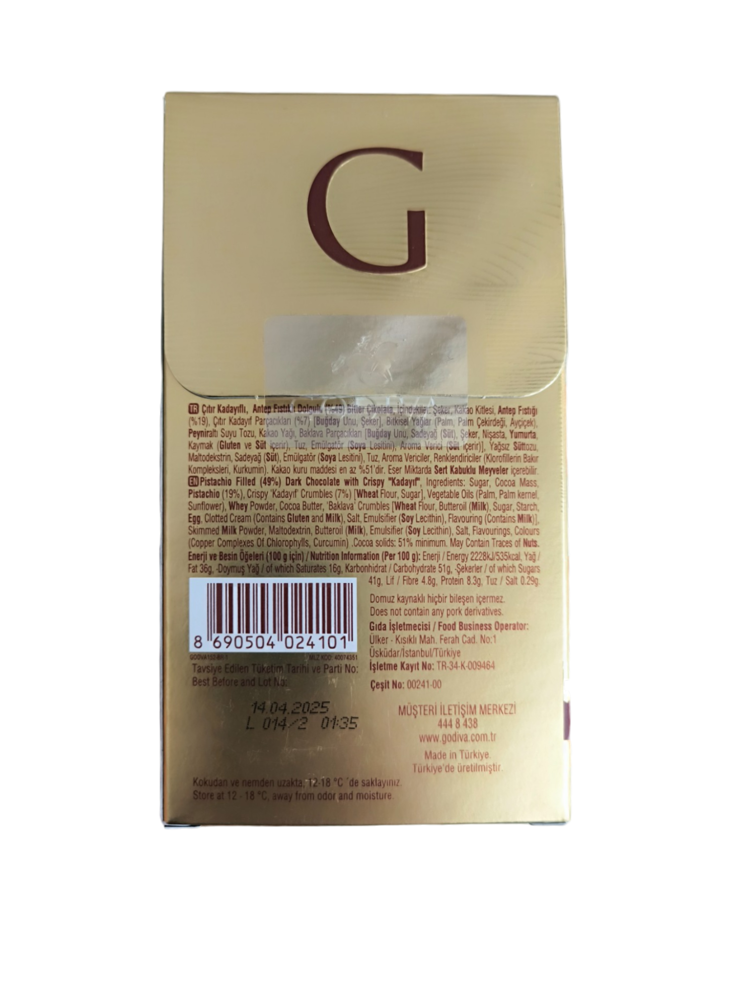 Godiva Premium Dubai Chocolate with Dark Chocolate Kadaifi and Pistachio 6.3 oz (180 G)