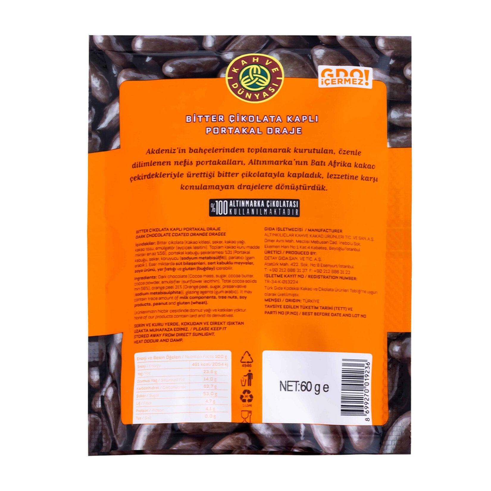 Kahve Dunyası Dark Chocolate Orange Dragee (Bitter Çikolatalı Portakal Draje) 2.1 oz (60 G)-2