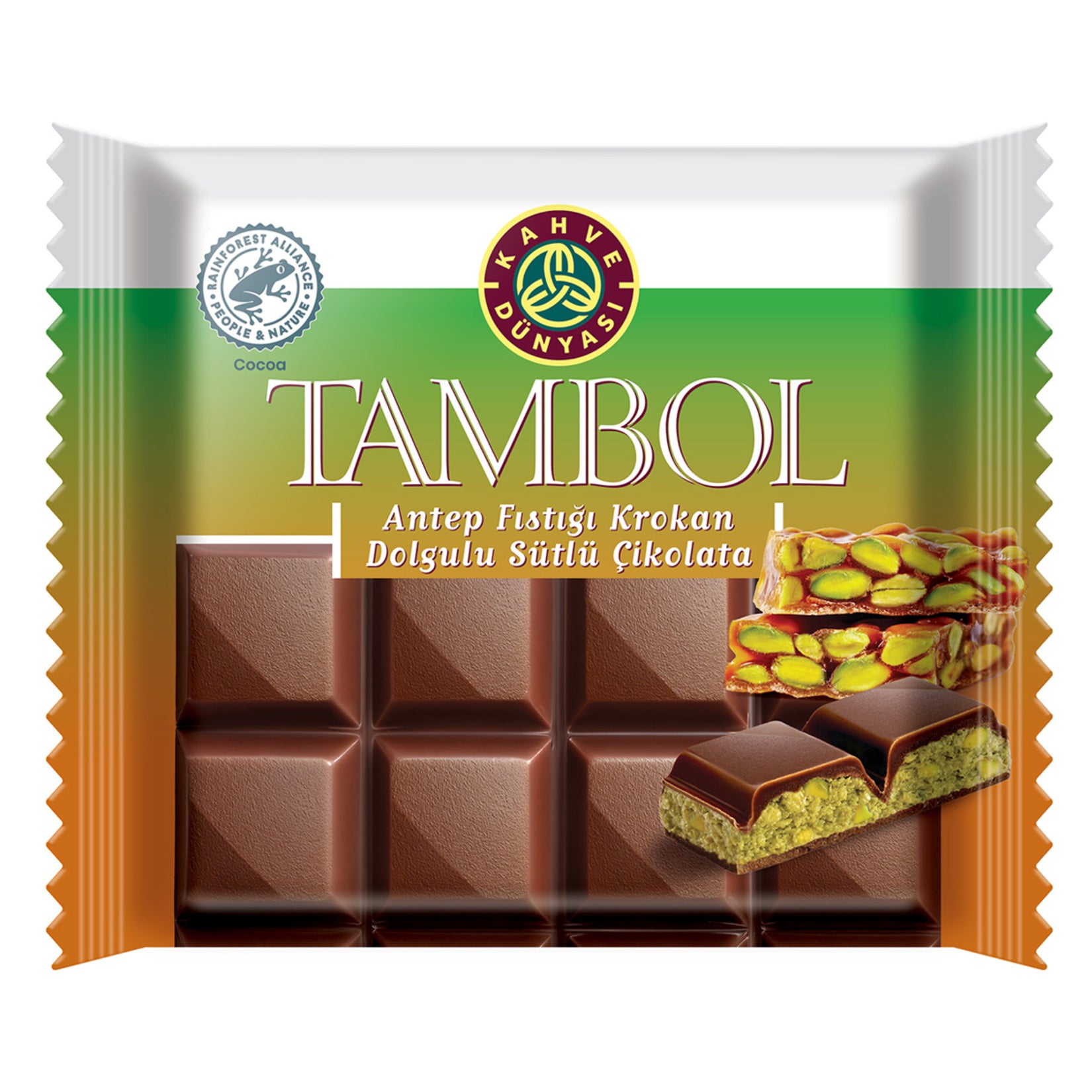 Kahve Dunyasi Tambol Milk Chocolate with Pistachio Praline Filling (Antep Fıstığı Krokan Dolgulu Çikolata) 3.5 oz (100 G)