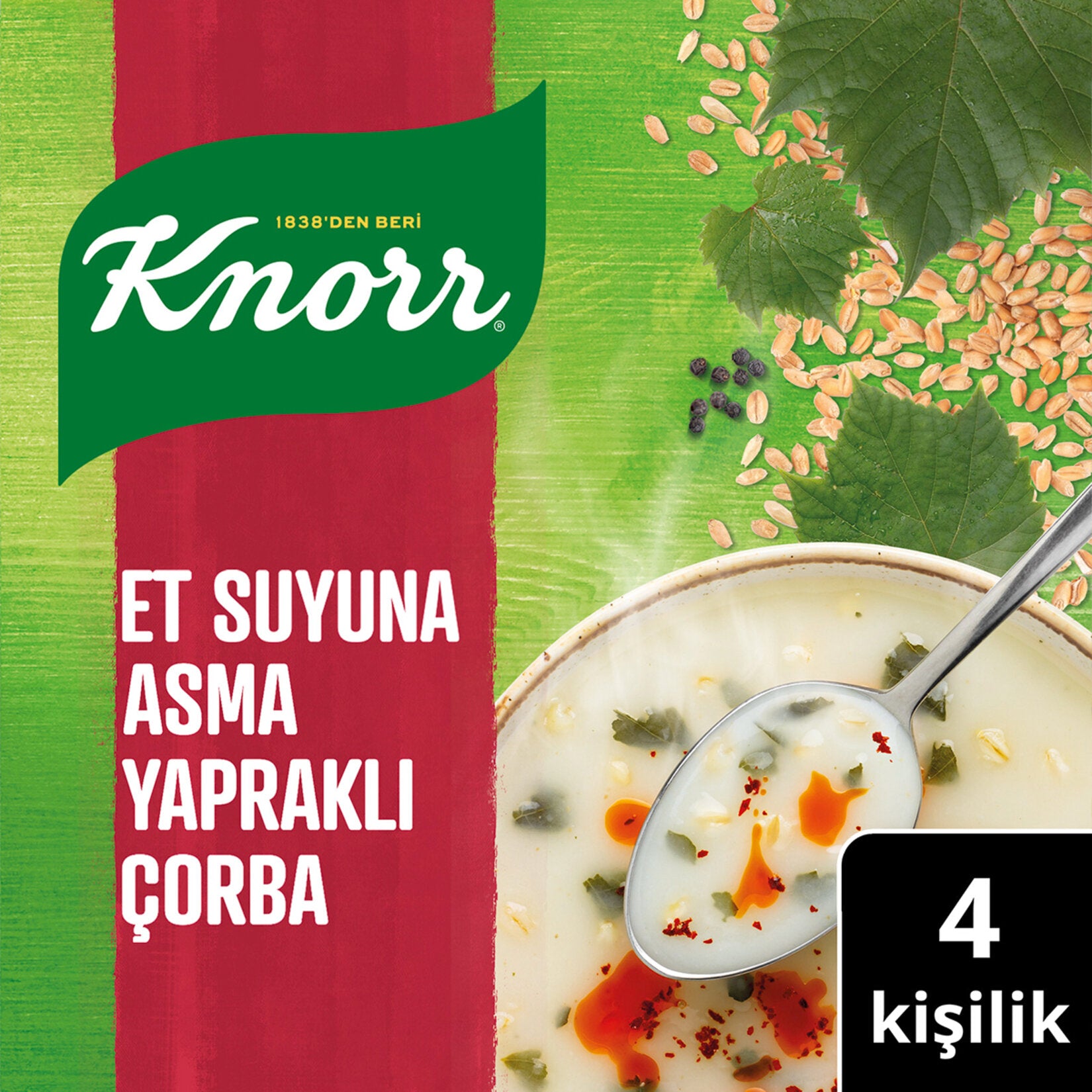 Knorr soup package with a bowl of soup, spoon, and ingredients on a green background