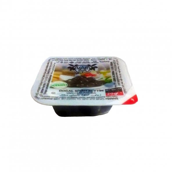 Small (20 grams) container of black Turkish olive oil with a white label on a white background. Marmarabirlik Marbir Black Turkish Olive 20 g