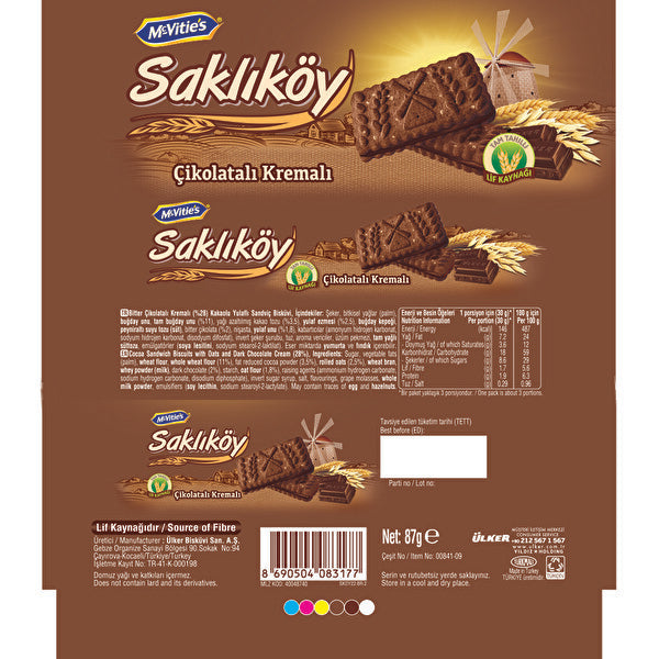 Sakliköy chocolate bar package design with Mçvités branding on a brown background.