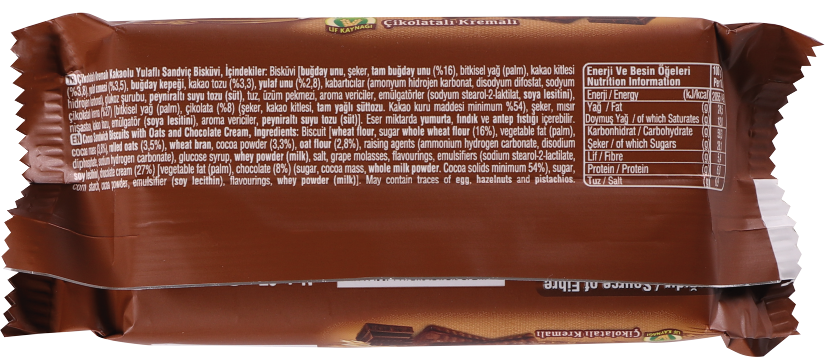 Close-up of a chocolate bar wrapper with text on a white background