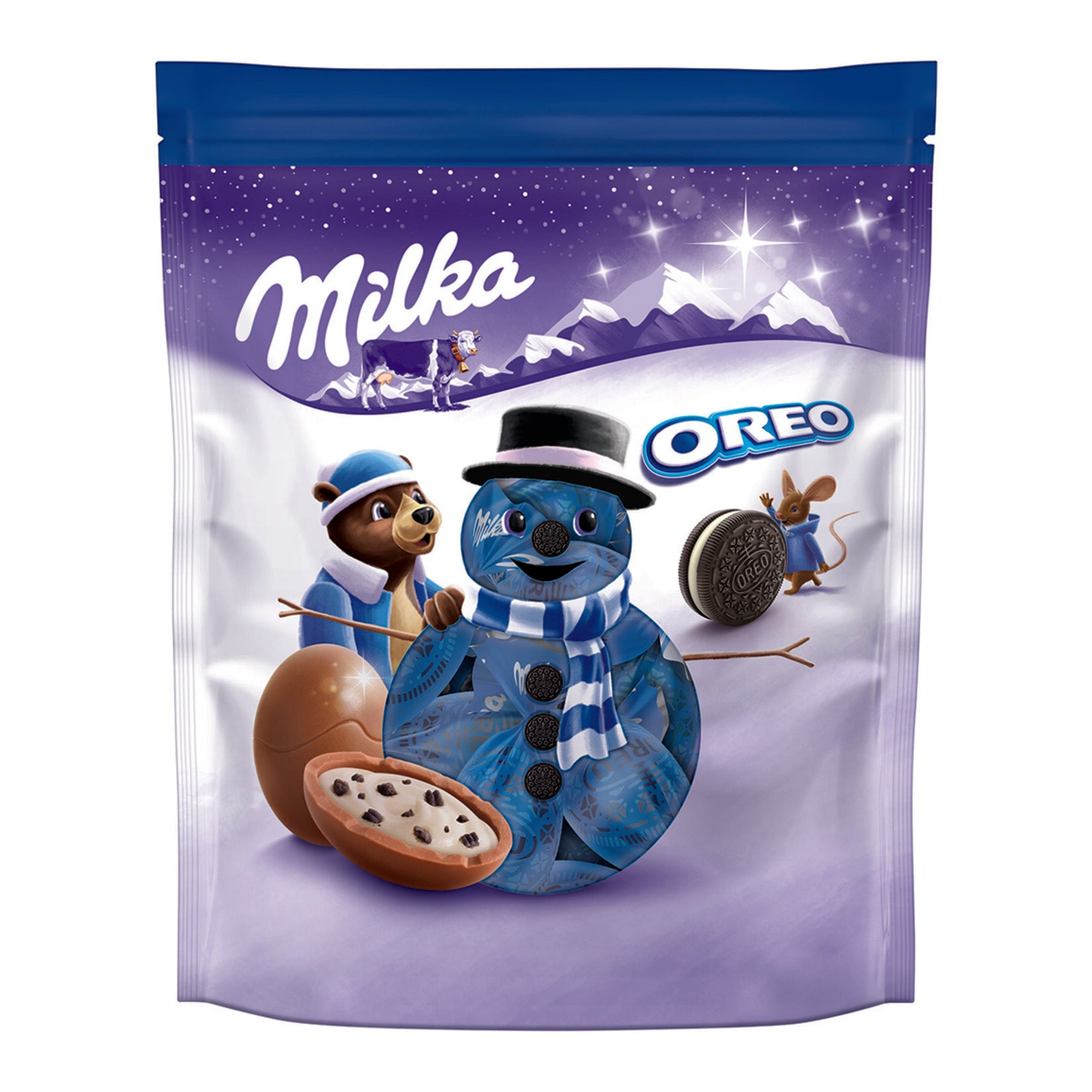 Experience the delightful fusion of smooth Milka Alpine milk chocolate and crunchy Oreo cookie piece