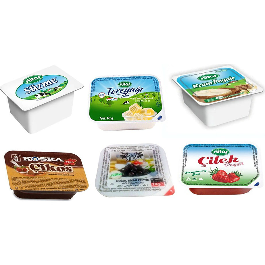 Collection of various single-portion Turkish breakfast items with different flavors on a white background