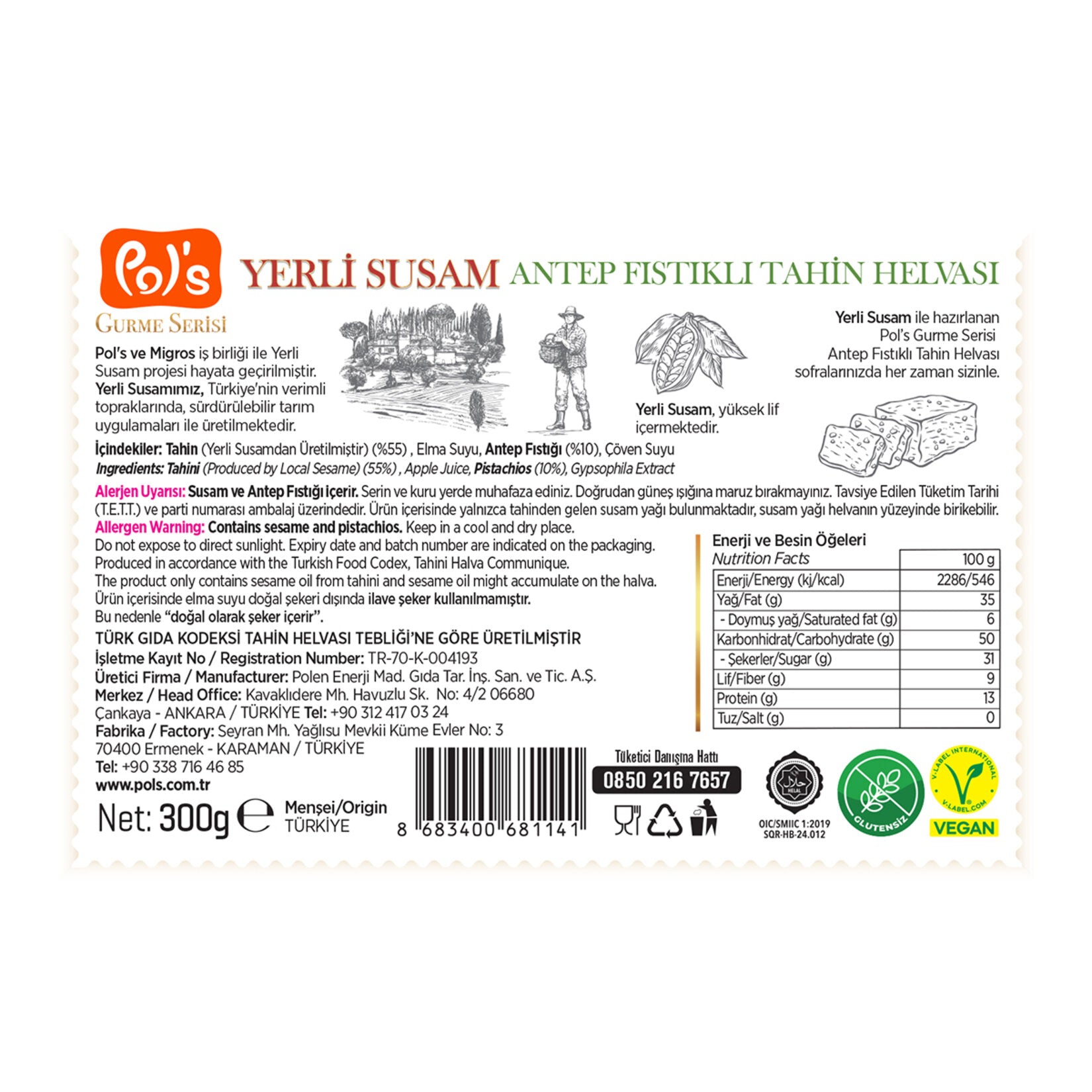 Discover the rich, nutty flavor of Pol's Gurme Serisi Pistachio Tahini Halva, a traditional Turkish 
