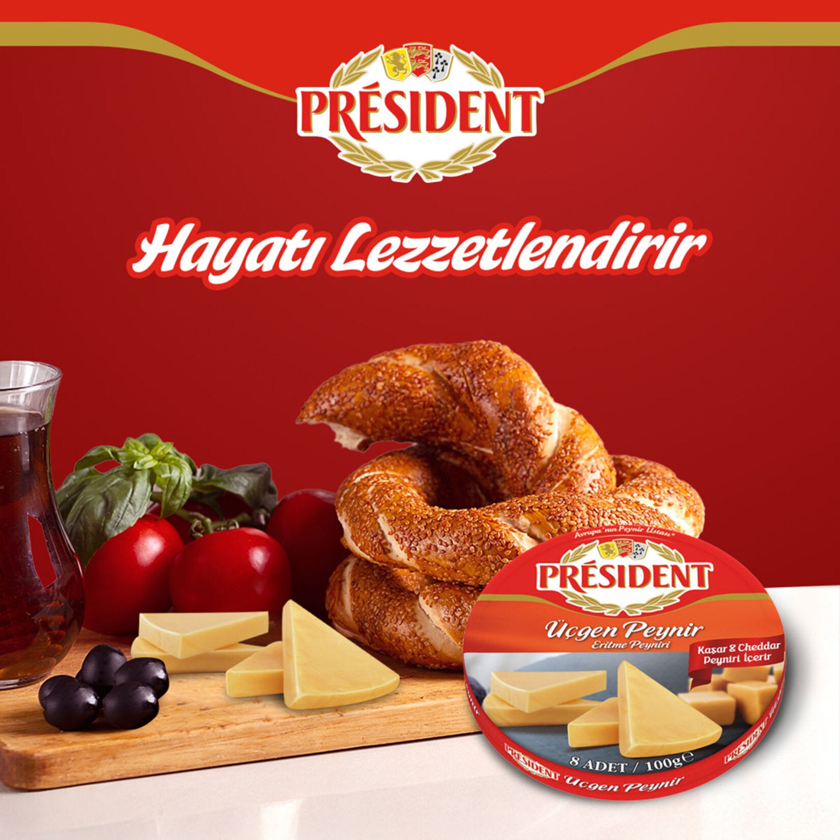 President Cheddar Triangular Cheese 100 grams with Turkish simit and Turkish breakfast