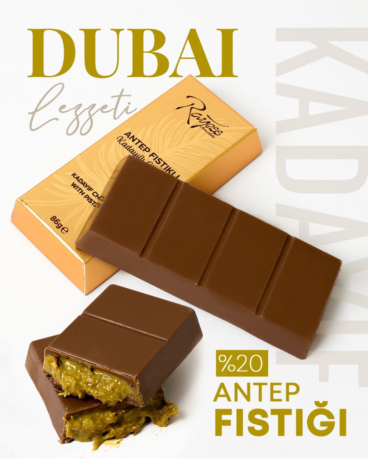 Rayess Chocolate Milk Pistachio Kadayif Ingot Dubai Chocolate 3 oz (86 gr)