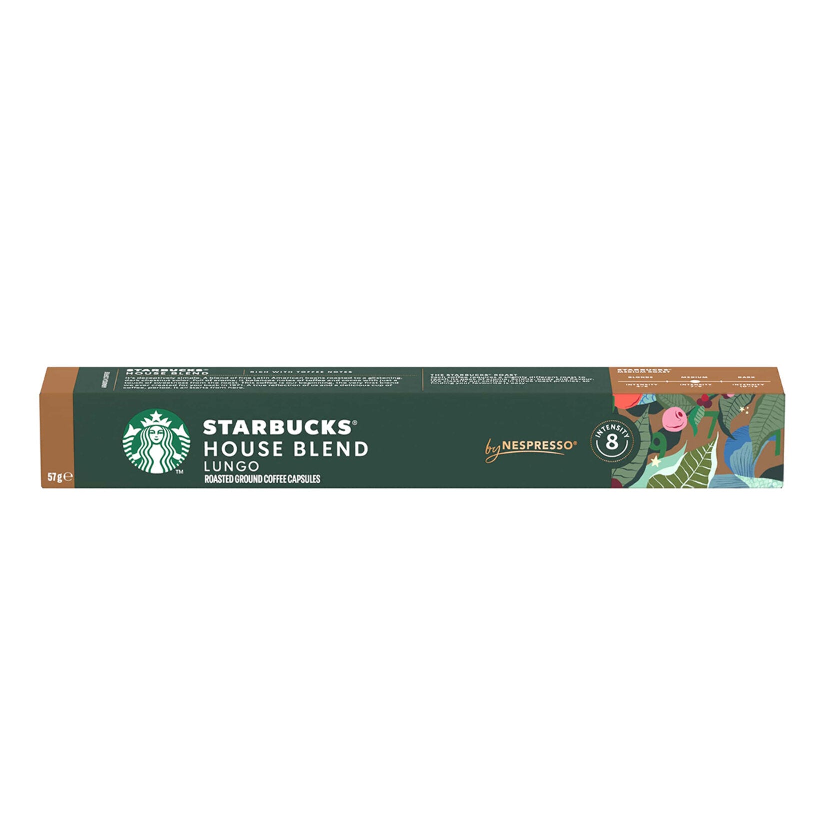 Box of Starbucks House Blend Lungo coffee capsules by Nespresso on a white background