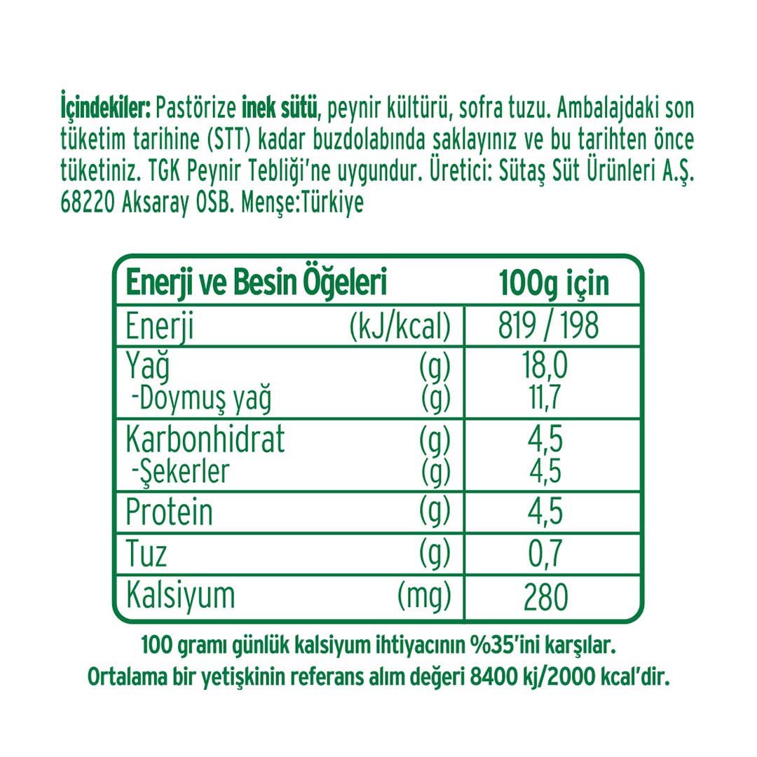 Nutrition Facts table of Sutas Labneh cheese in Turkish with green background and white text.