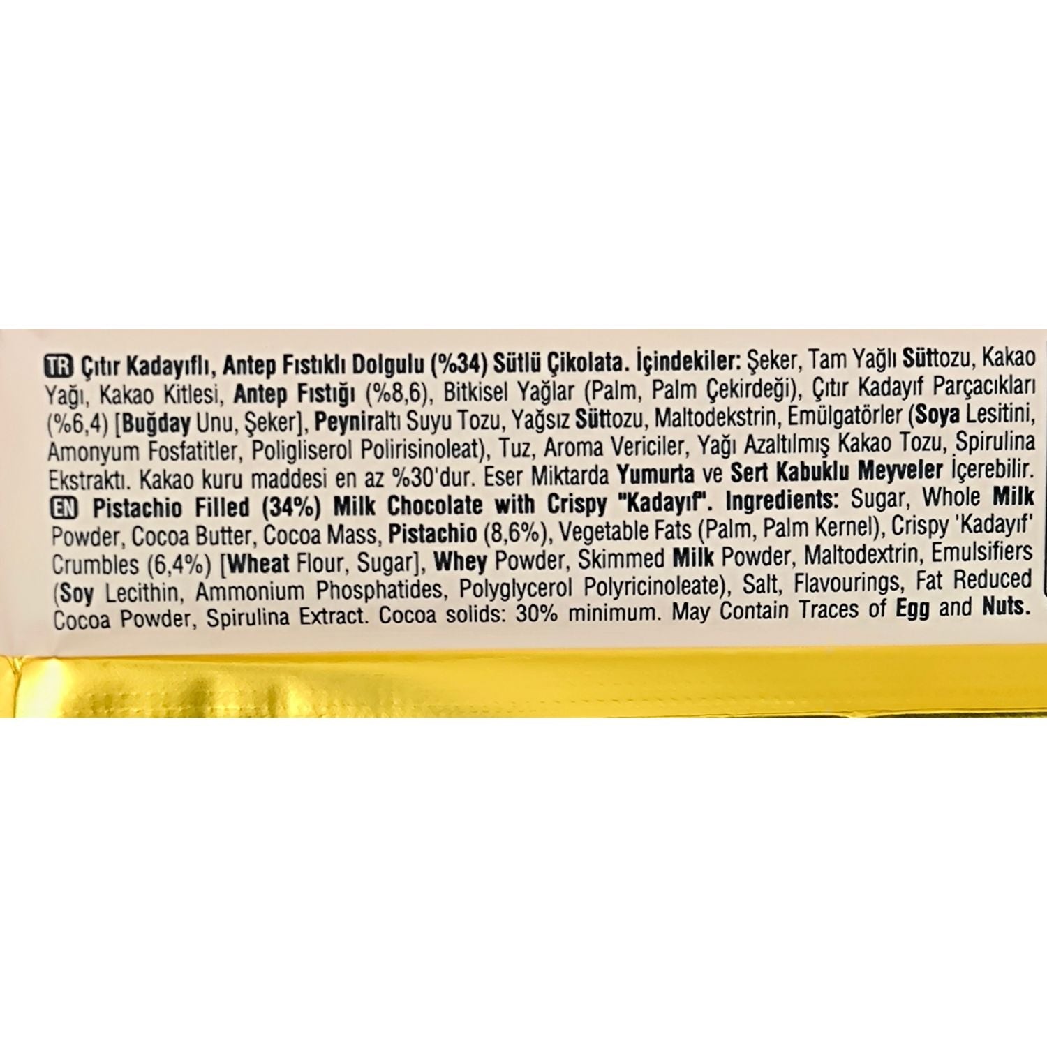 Ulker Dubai Chocolate Bar 93 grams- list of ingredients and allergen information