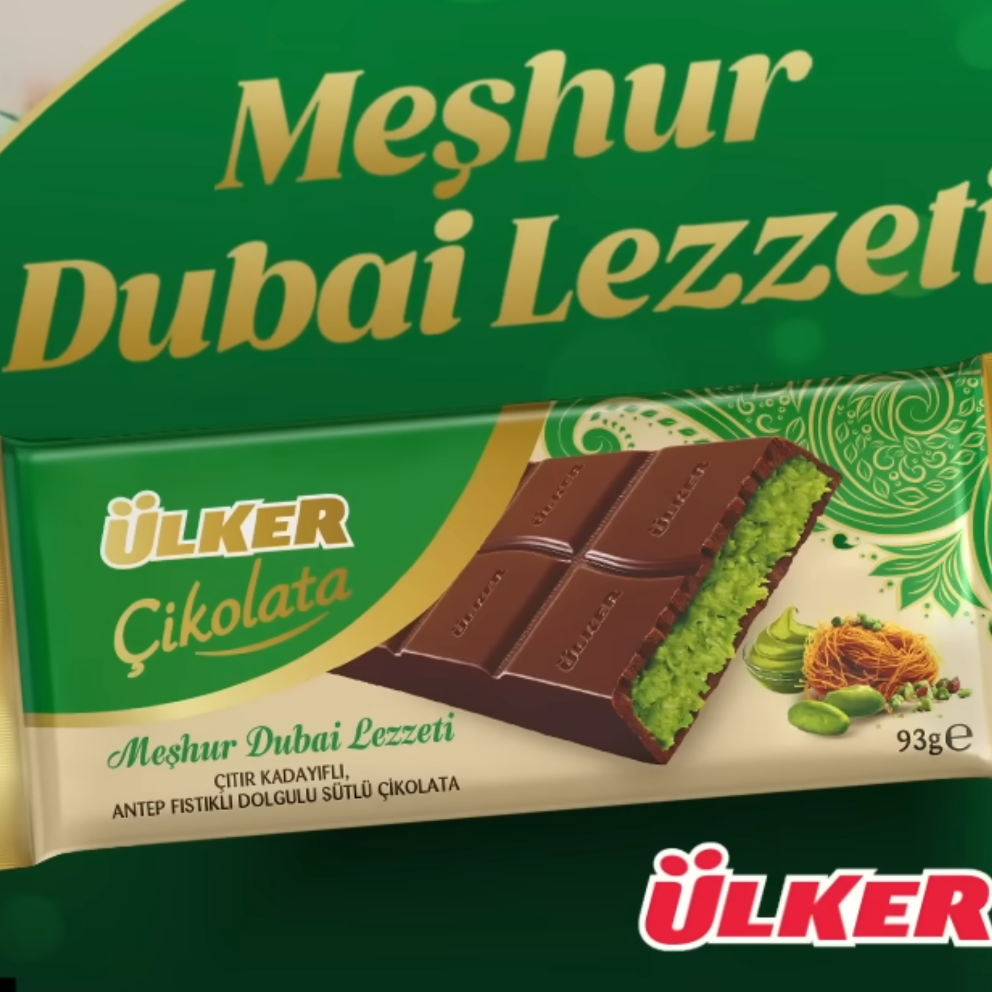 Unwrapped Ulker Dubai Chocolate Kadayif Kunafa Pistachio bar showing the rich milk chocolate coating
