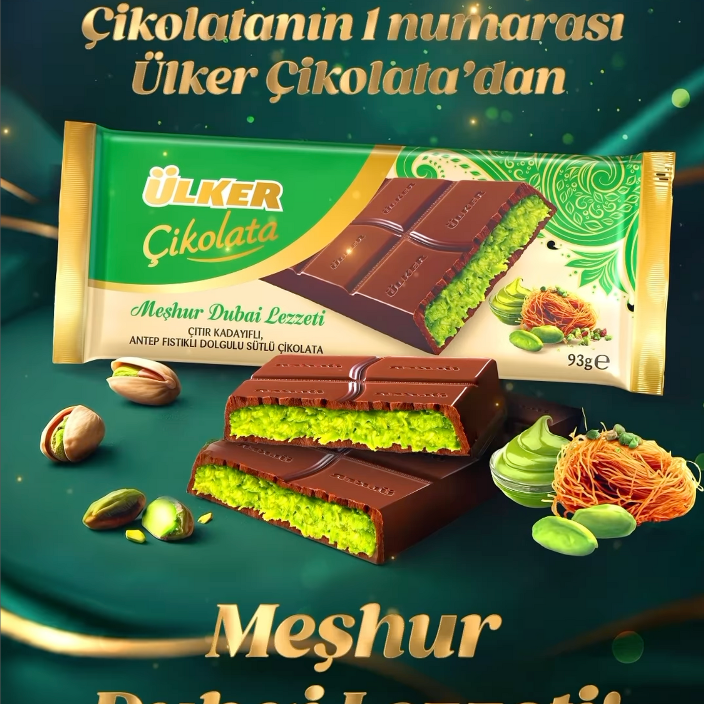 Closeup of Ulker Dubai Chocolate Kadayif Kunafa Pistachio highlighting the crispy kadayif texture and embedded pistachios