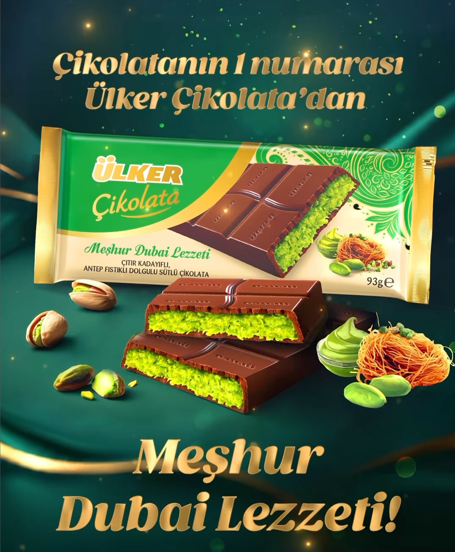 Closeup of Ulker Dubai Chocolate Kadayif Kunafa Pistachio highlighting the crispy kadayif texture and embedded pistachios