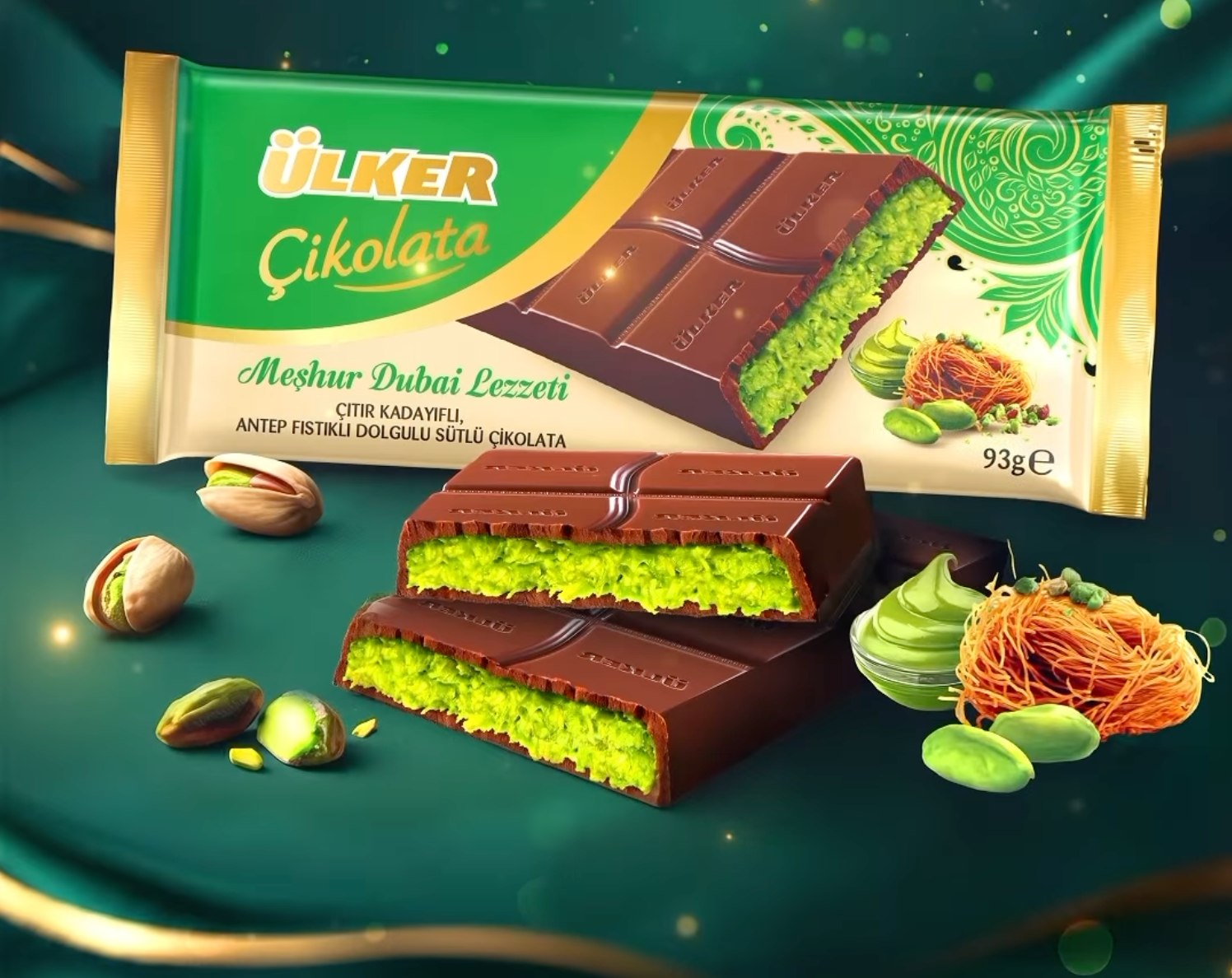 Ulker Riyad Ulker Dubai Chocolate with Kadayif Kunafa Pistachio 3.2 oz (93 G) X 36 ...