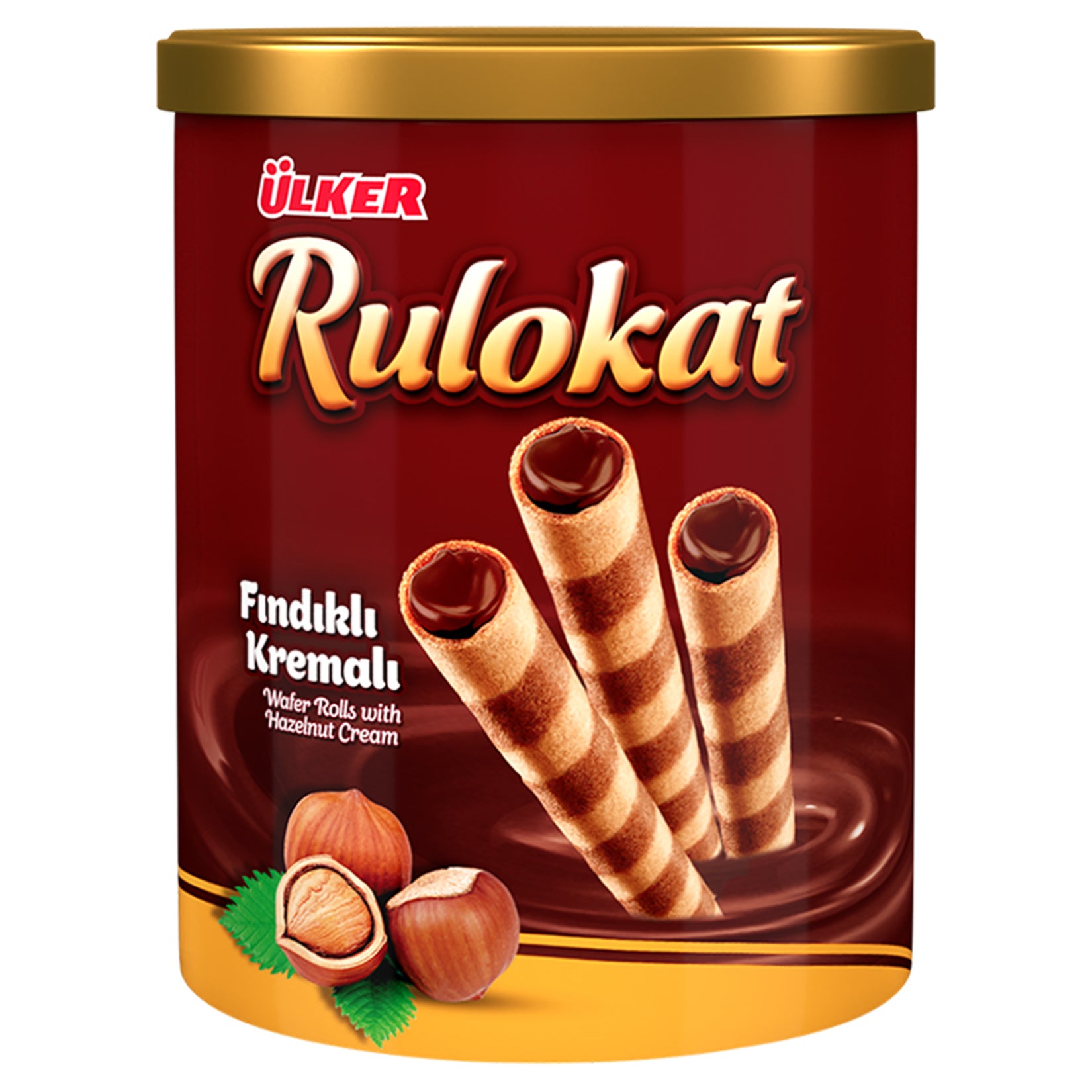 Ulker Rulokat wafer cookie can with chocolate and hazelnut design on a white background