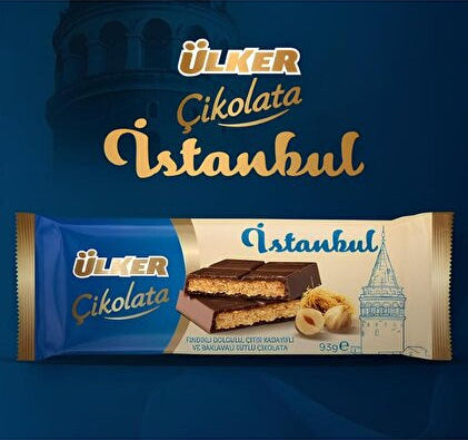 Ulker chocolate Istanbul packaging on a blue background