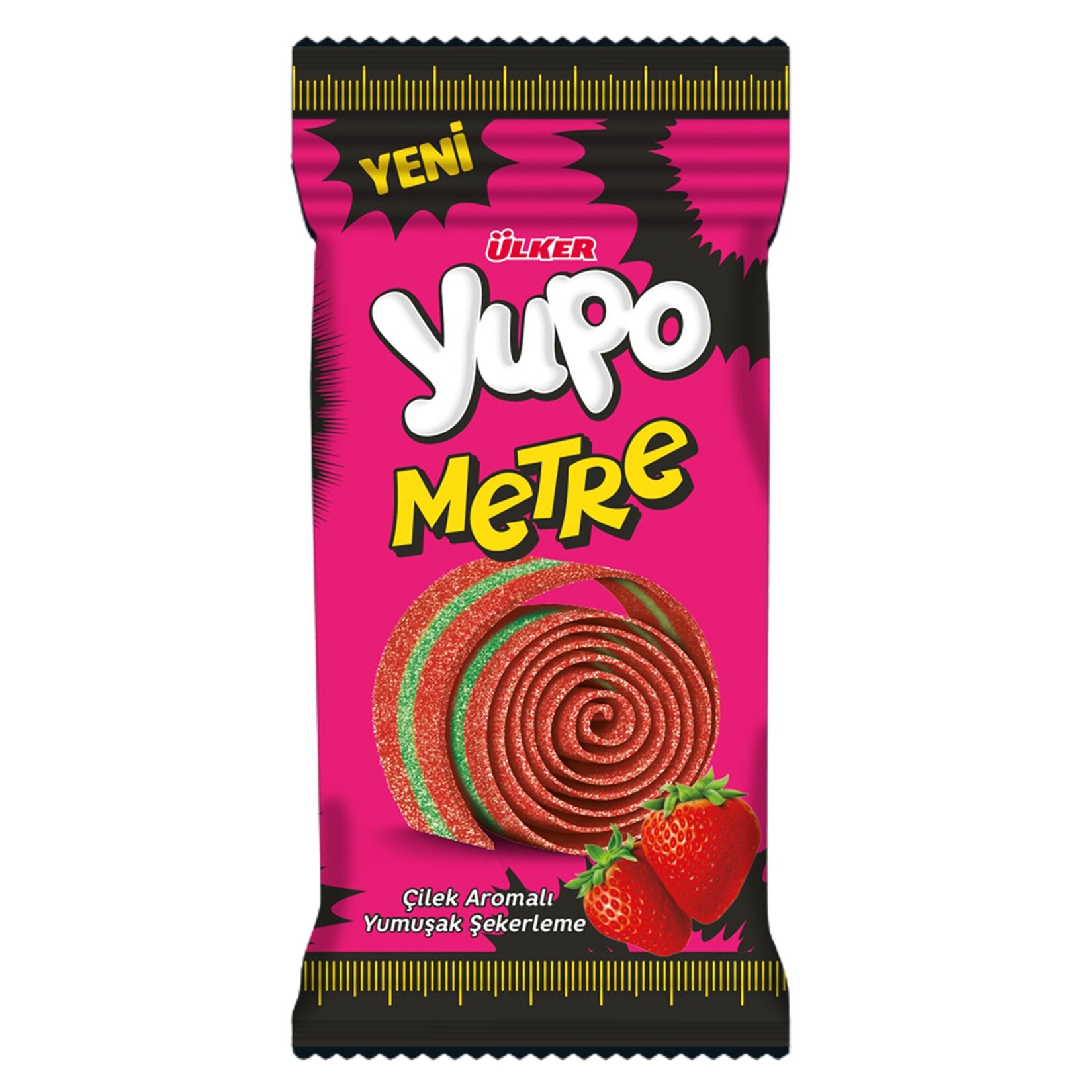 Experience the fun and fruity taste of Ulker Yupo Metre Strawberry Flavor – a chewy, colorful candy 