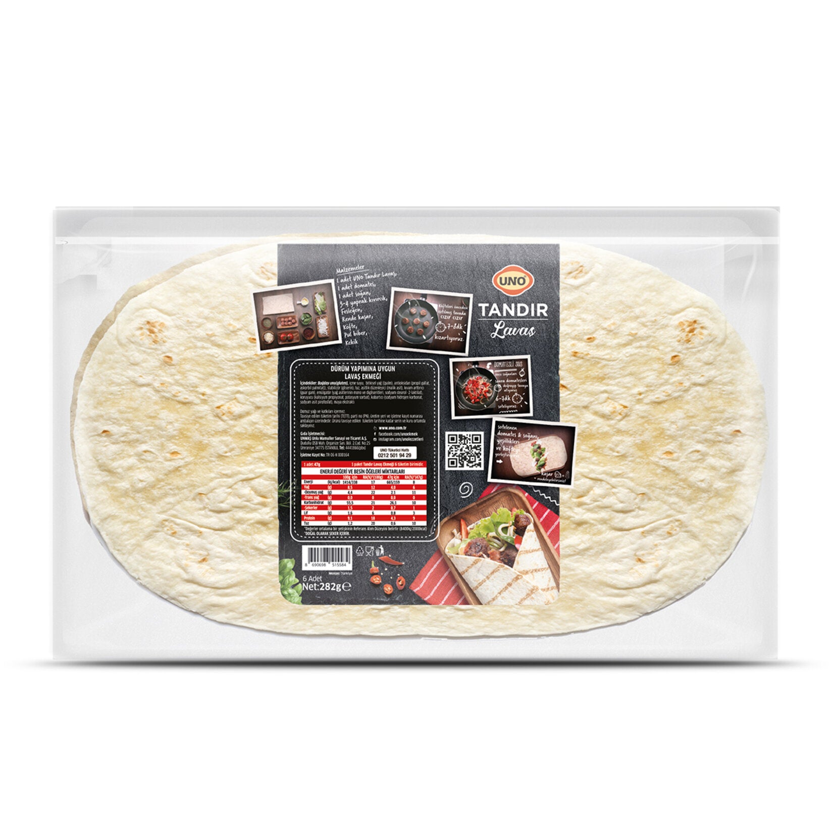 Uno Tandoor Lavash (Uno Tandır Lavas) 8 Pieces 282 G - Back Side of the Package