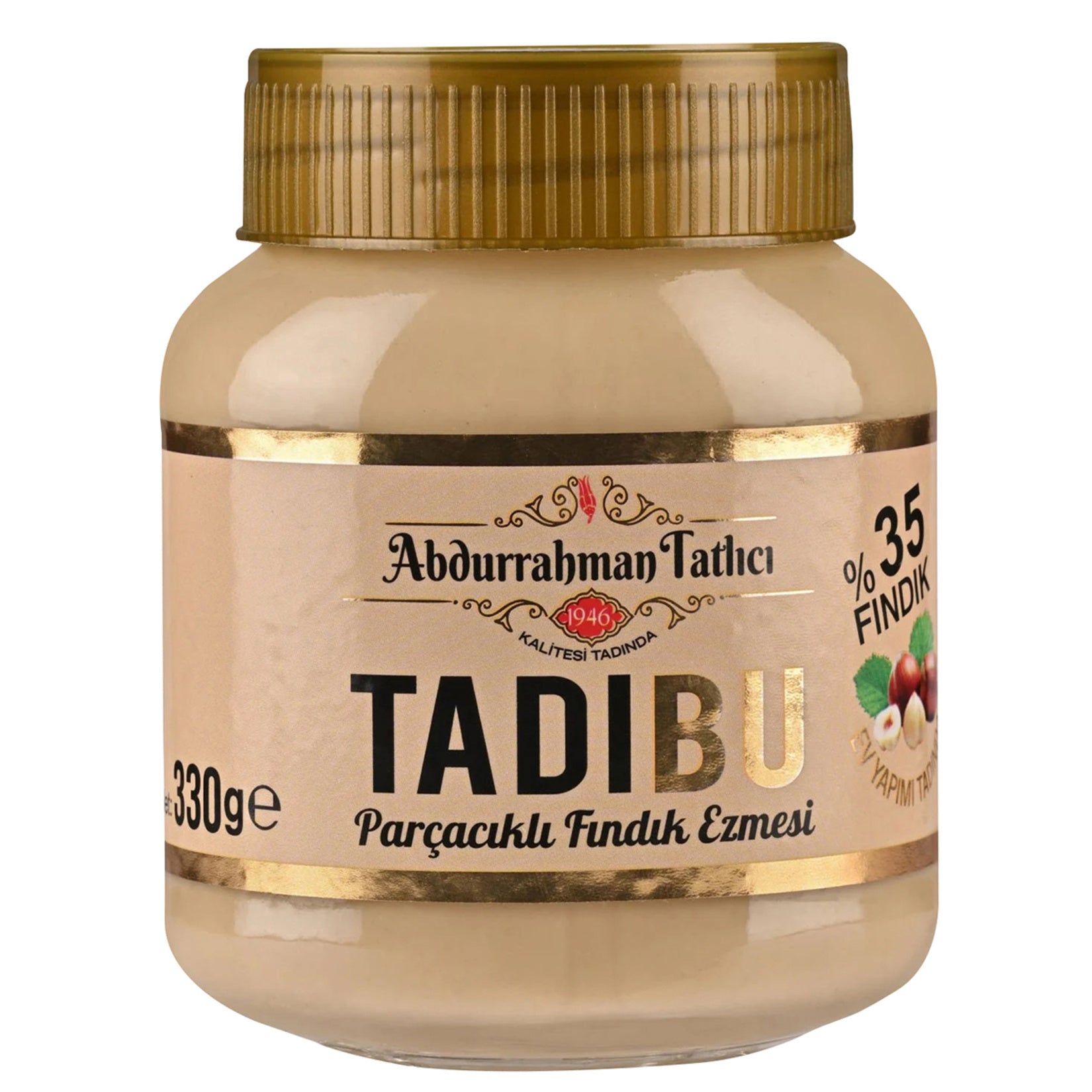 Abdurrahman Tatlıcı Tadibu Hazelnut Spread with Pieces brings the rich taste of roasted hazelnuts to your breakfast table.