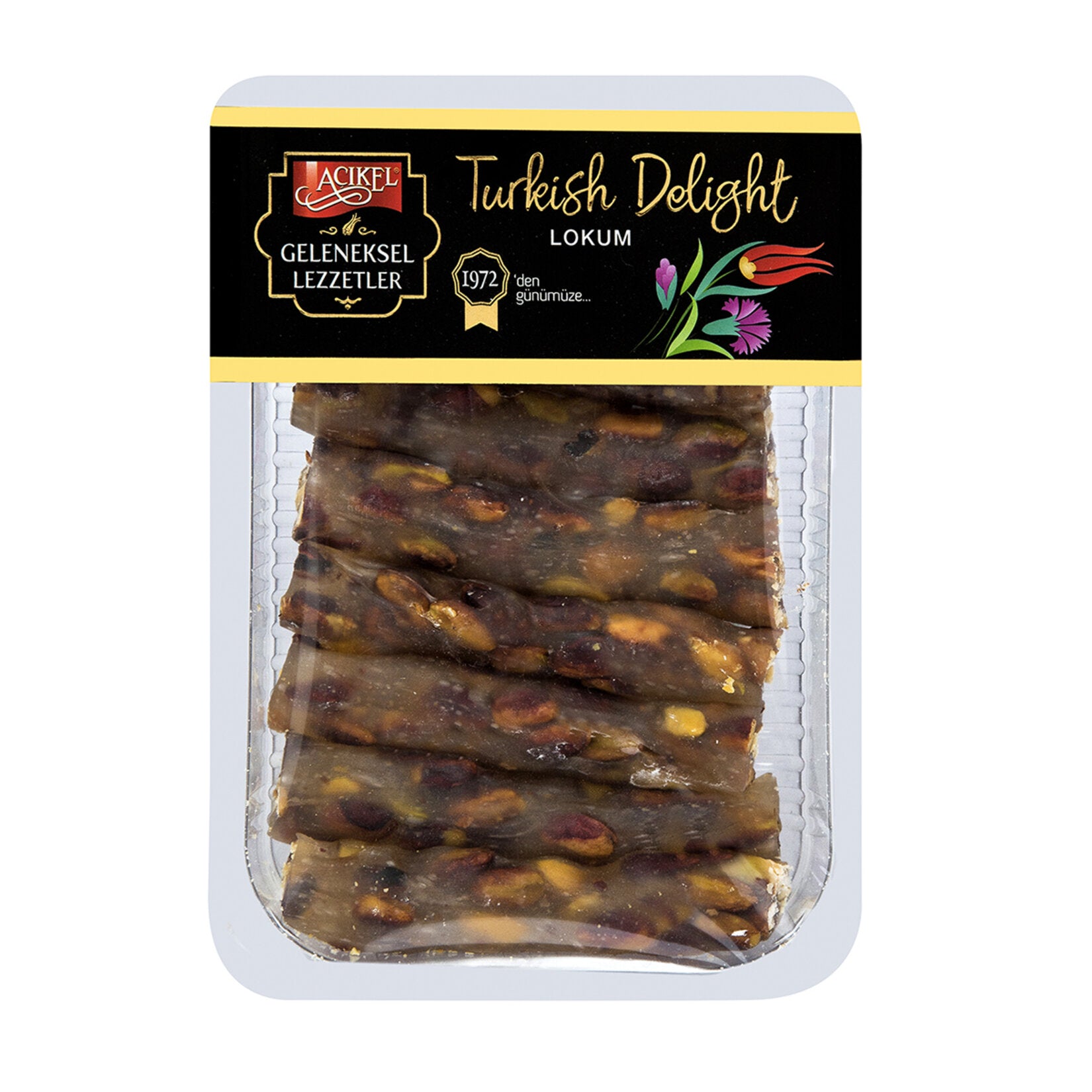 Açıkel Antep Fıstıklı Fitil Lokum is a classic Turkish confection made with premium Antep pistachios and crafted in the traditional “fitil” style for a soft, chewy texture.