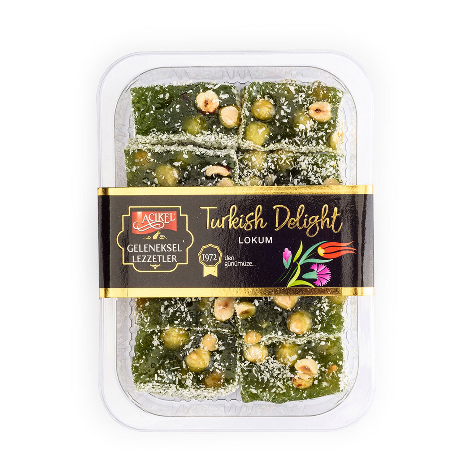 Acikel Apple Flavored Hazelnut Turkish Delight brings together the refreshing taste of apple aroma with the rich crunch of hazelnuts in a soft, chewy Turkish delight (lokum).