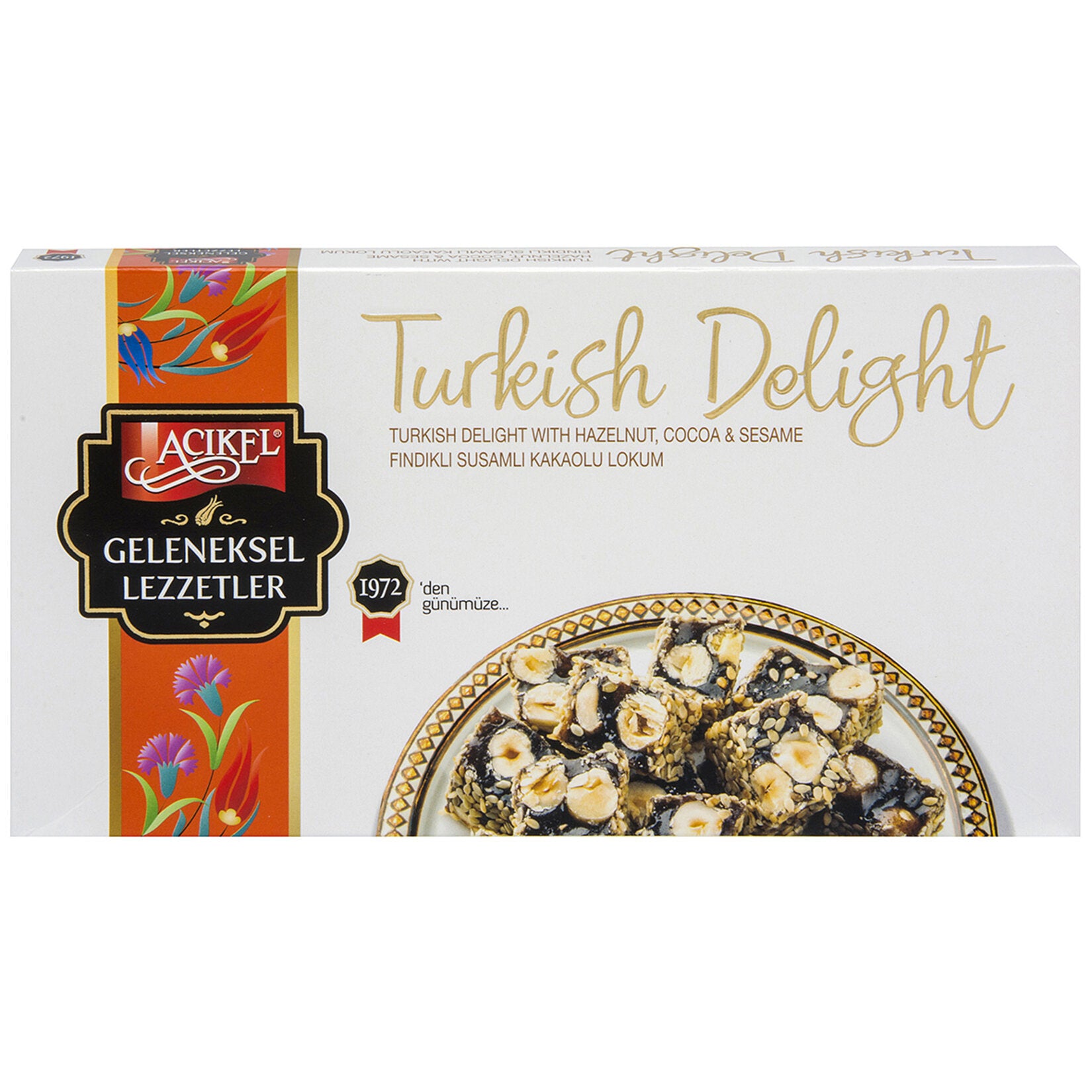 Experience the rich and nutty flavor of Acikel Hazelnut Sesame Cocoa Turkish Delight, a traditional treat from Türkiye crafted with premium ingredients.