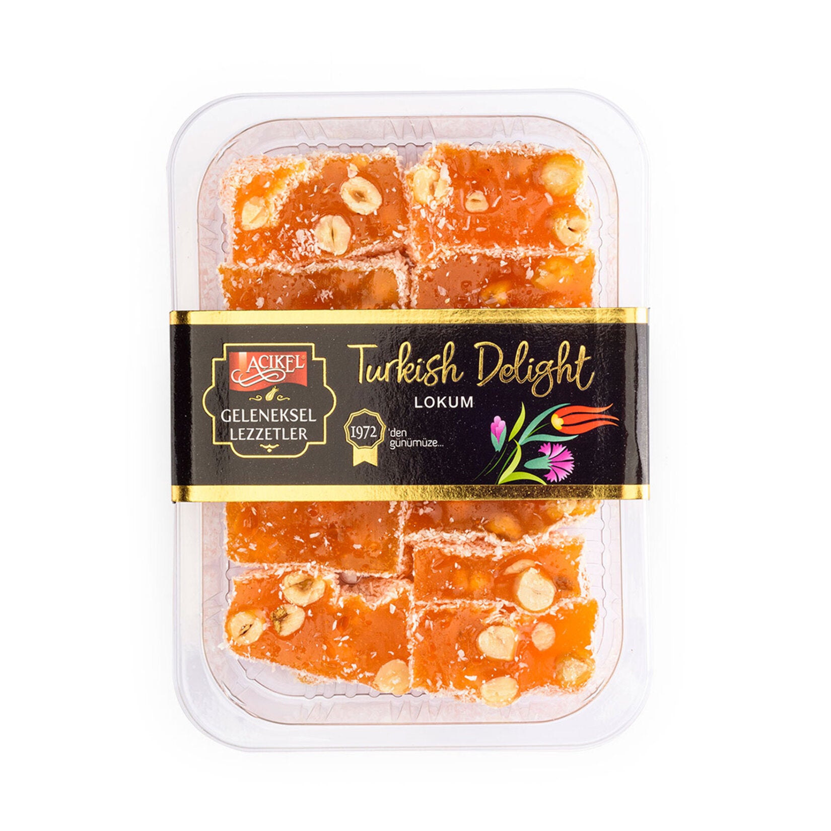 Experience the vibrant taste of Acikel Orange Flavored Hazelnut Turkish Delight, a delightful treat that brings the traditional flavors of Türkiye to your home.