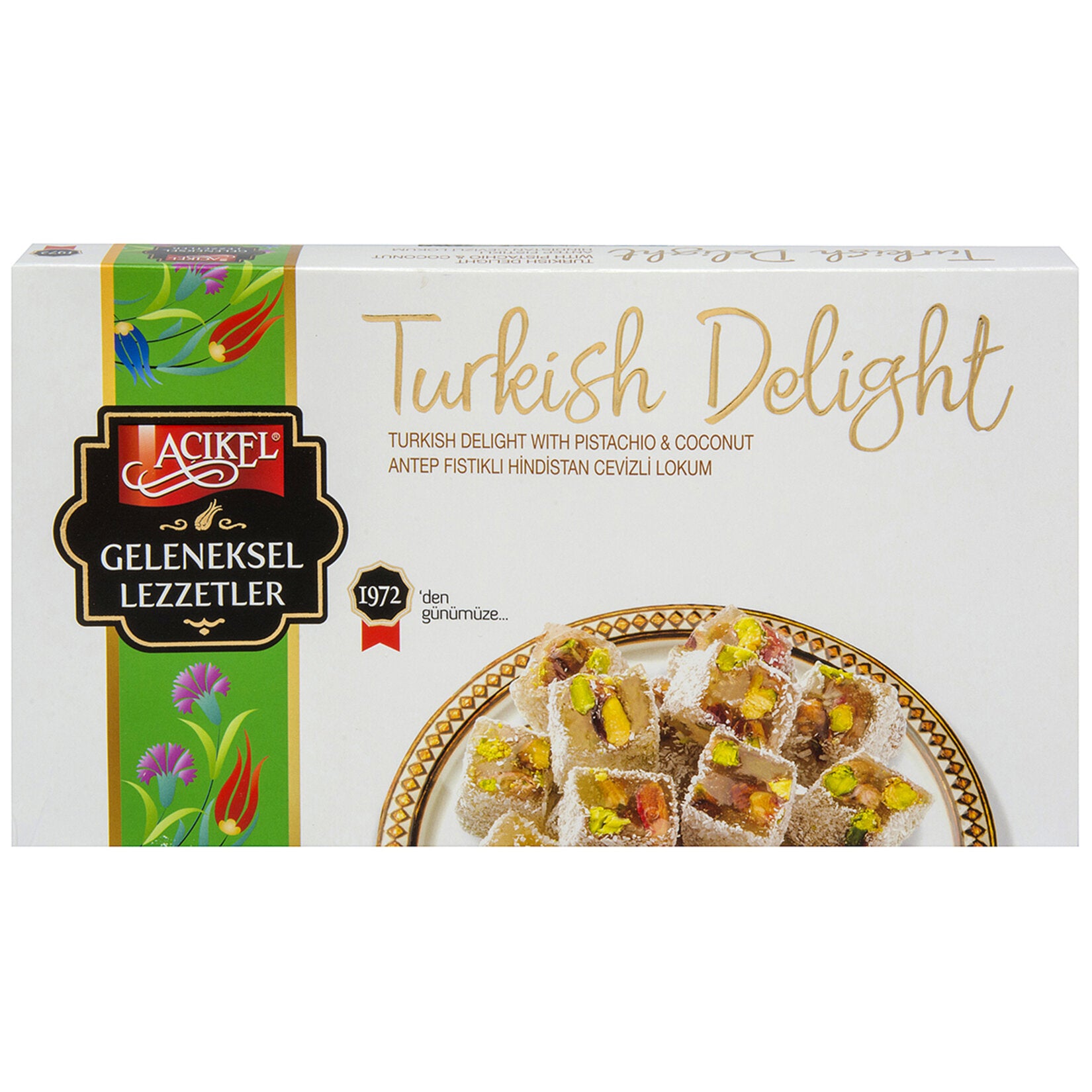 Experience the rich tradition of Turkish sweets with Acikel Pistachio Coconut Turkish Delight.