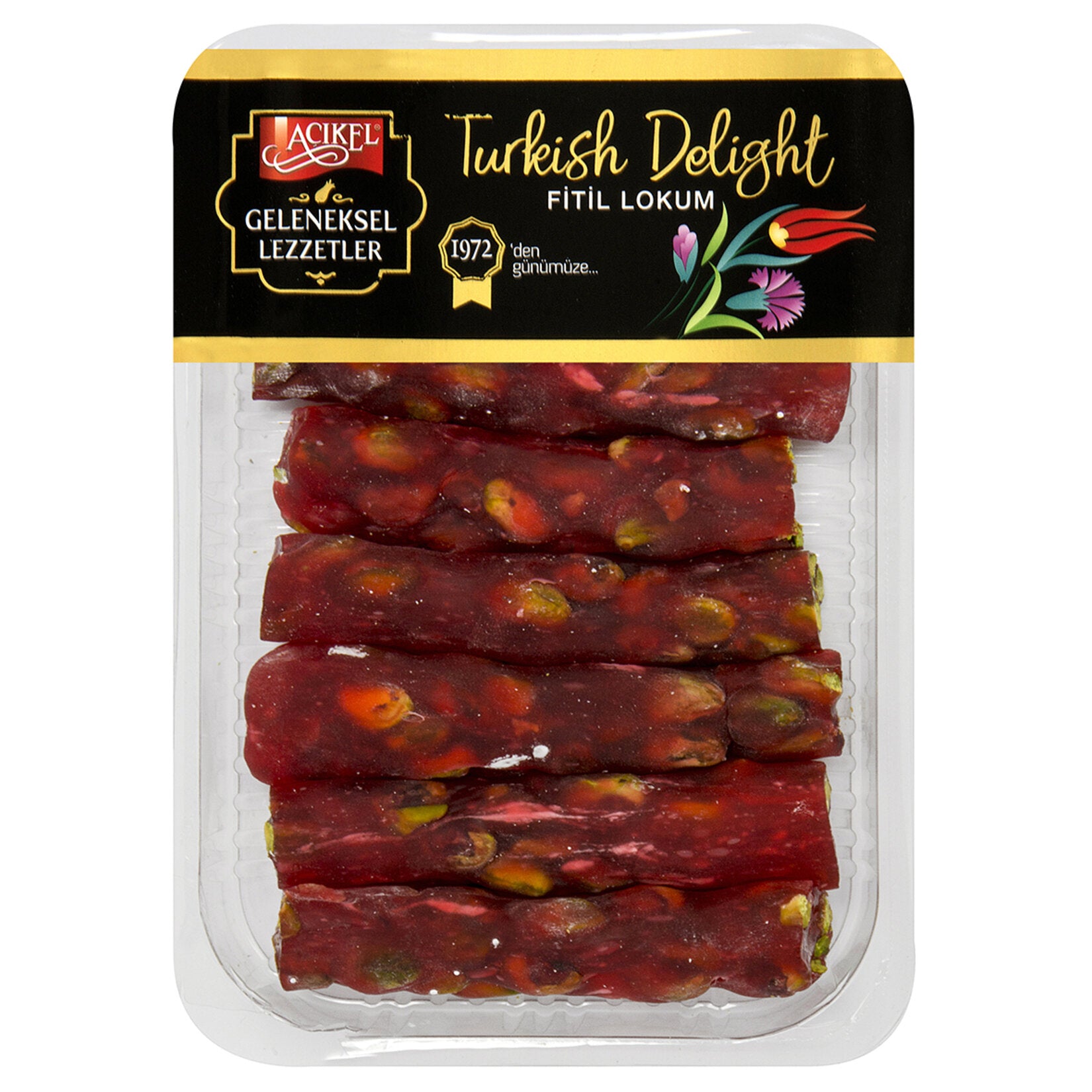 Acikel Pomegranate Flavored Pistachio String Turkish Delight brings together the fruity brightness of pomegranate and the rich crunch of premium pistachios in a soft, chewy lokum experience.