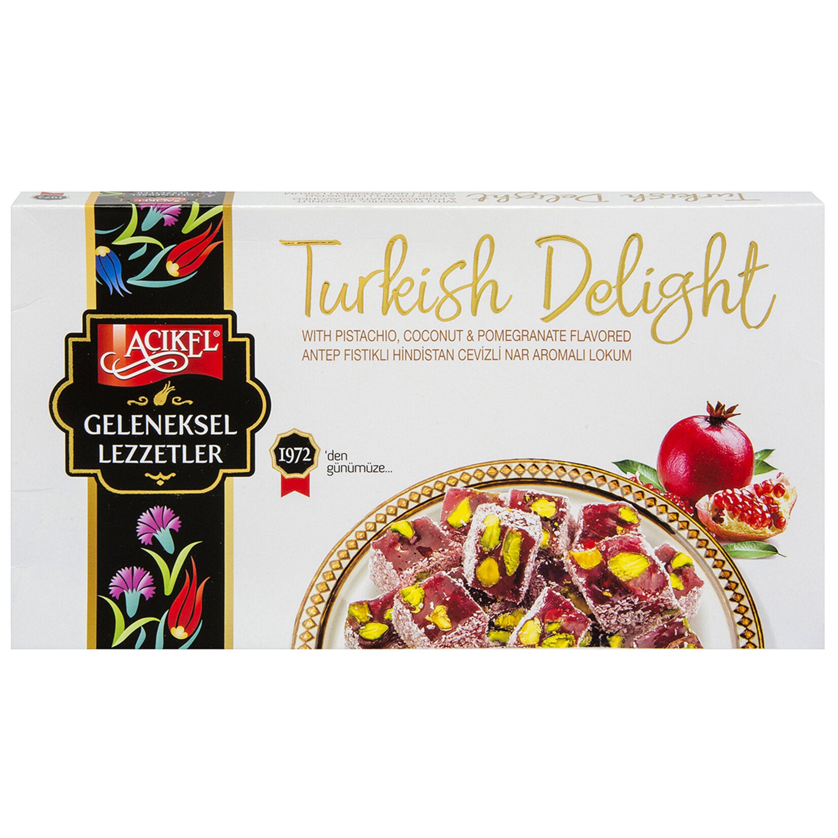 Experience the rich, fruity flavor of Acikel Pomegranate Flavored Turkish Delight with Pistachio and Coconut.