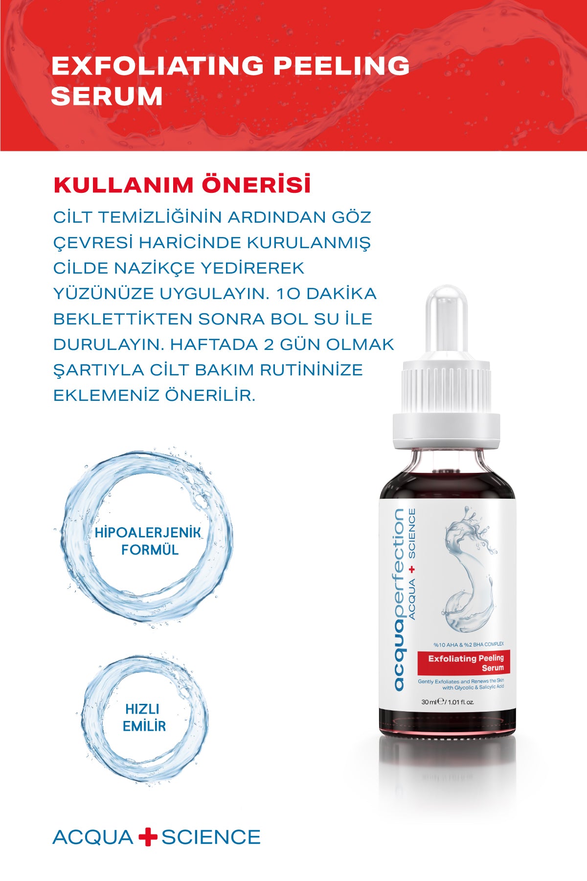 Acqua Perfection Exfoliating Red Peeling Serum 10% AHA 2% BHA is a powerful yet balanced chemical exfoliating serum designed to help improve uneven skin tone, dullness, and visible pores.
