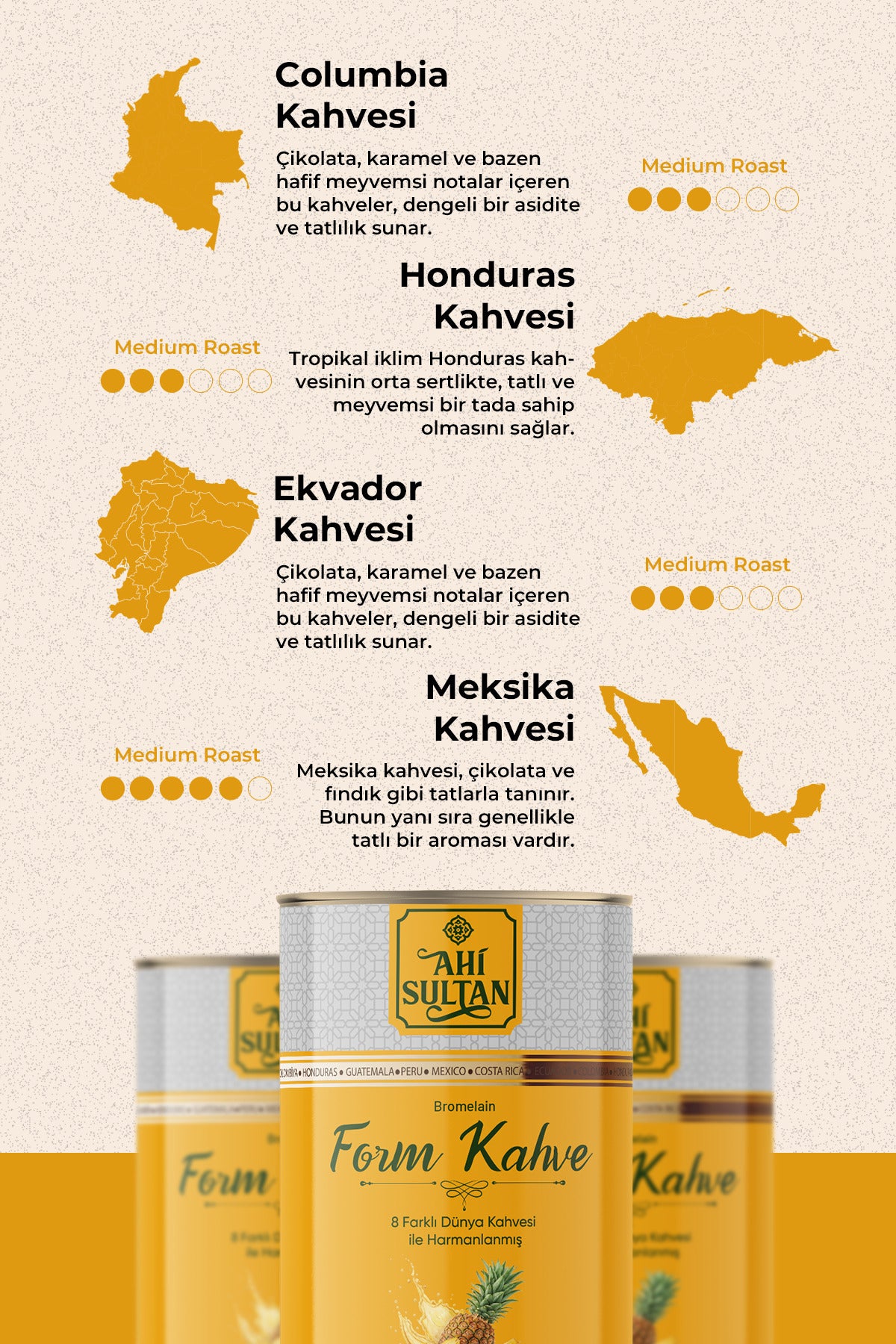 Ahi Sultan Form Kahvesi 8 Farkli Kahve ve Bromelain Icerikli brings together a special blend of eight different coffee varieties for a rich, layered coffee experience.